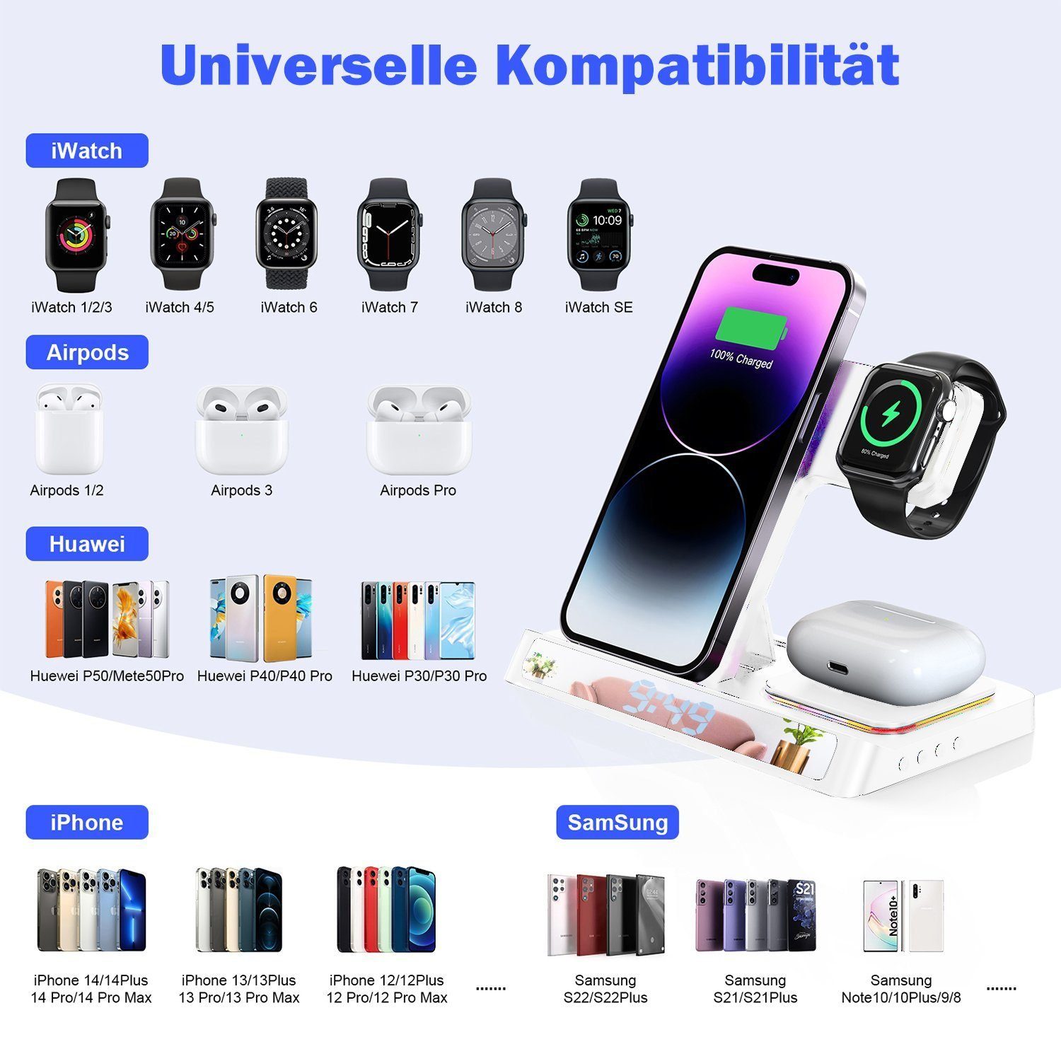 Yaviel Handy-Dockingstation Induktive Ladestation 4 in 1 Kabellose Ladegerät Wireless Charger, (für Apple iWatch iPhone Airpods Handy Charging Station, mit USB Kabel für iPhone 14 13 12Pro Mini Pro Max)