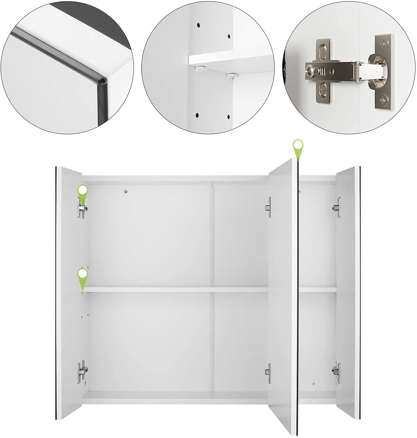 Homfa Spiegelschrank Badezimmerschrank mit 3 Türen, Weiß, 70x60x15cm, Holz