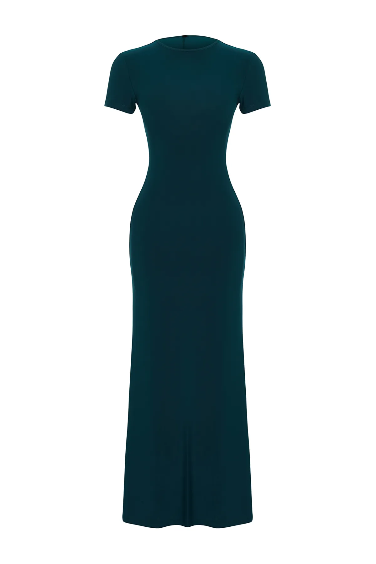 Trendyol Collection  Smaragdgrünes, kurzärmliges, tailliertes Rundhals-Maxi-Bleistiftkleid aus flexiblem Strick TWOSS24EL00097