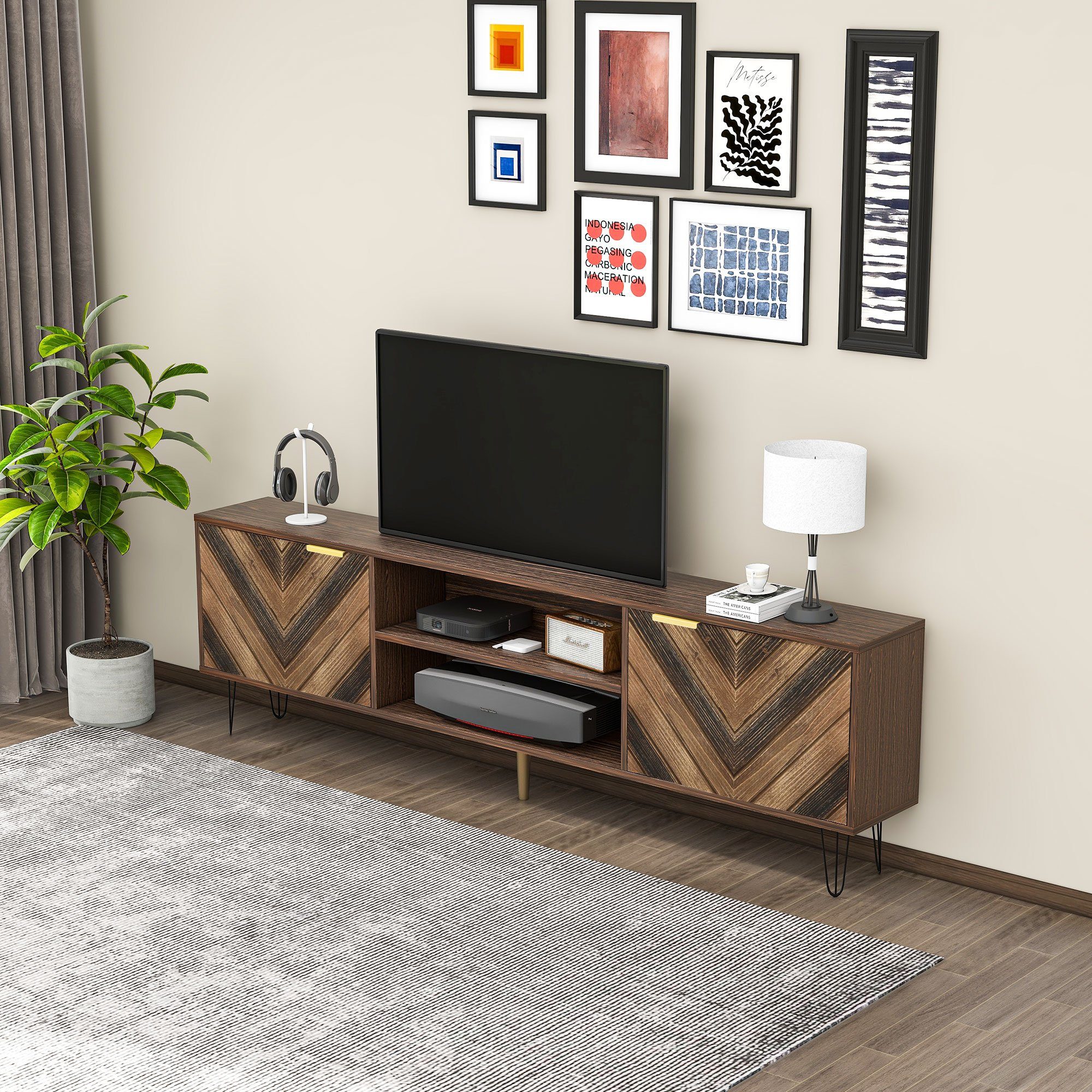 Merax Lowboard mit Fischgrätenmuster Dekor und Eisenfüße, TV-Schrank mit magnetischen Türen, Fernsehtisch, B/H/T: 160/48/38cm