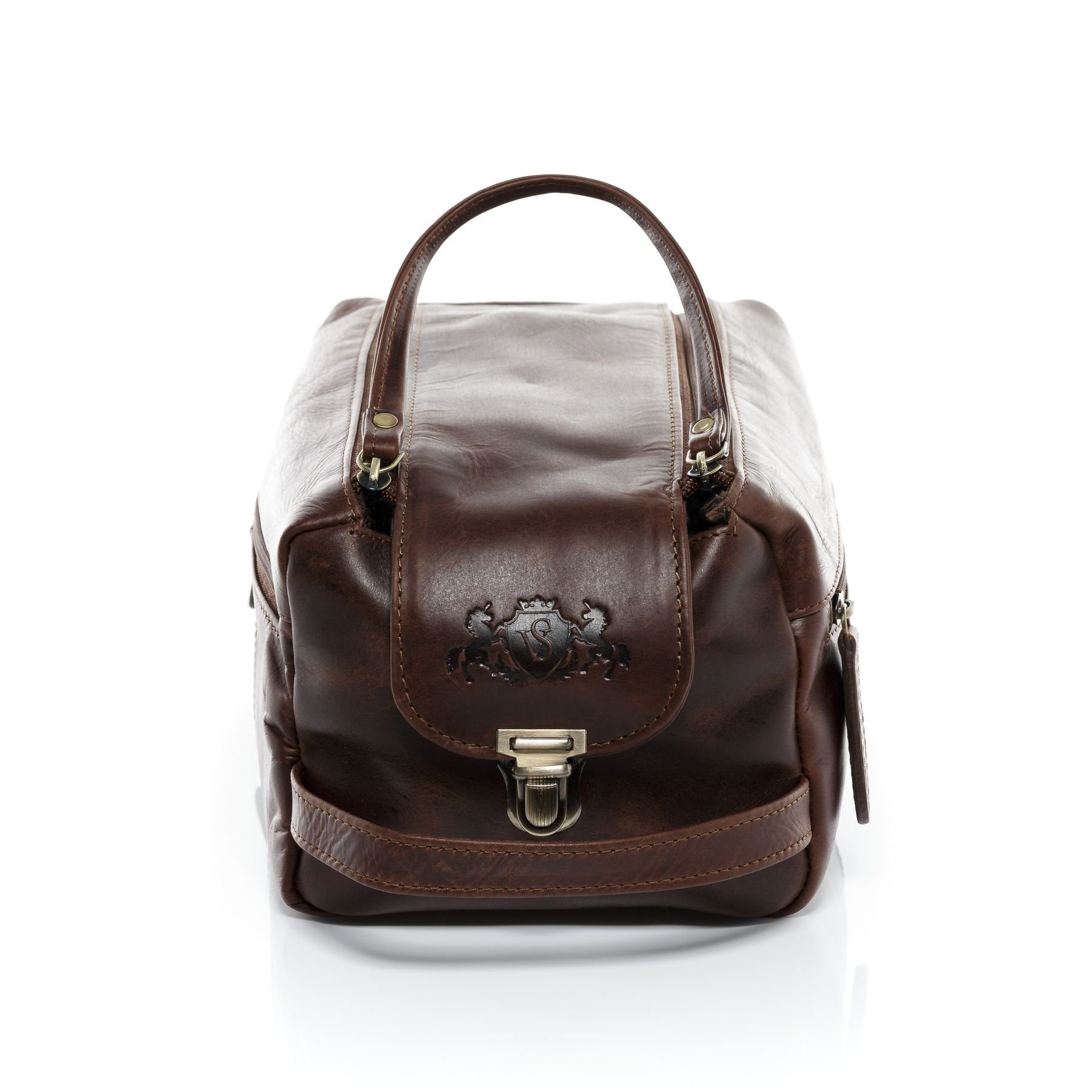 SID & VAIN Kulturbeutel Leder Kulturtasche Unisex BRISTOL, Waschbeutel Echtleder für Damen & Herren, Kosmetiktasche braun-cognac
