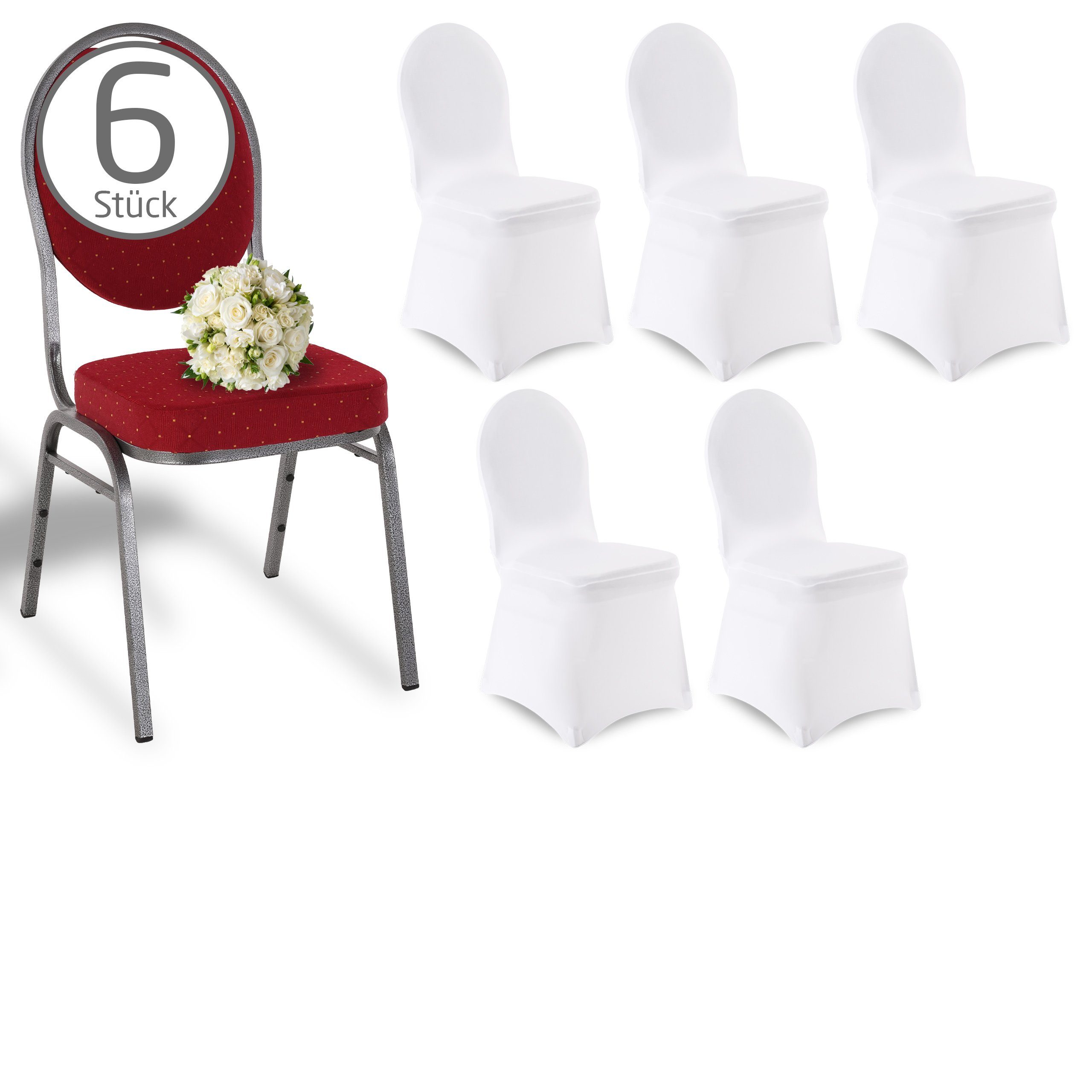 Raburg Stapelstuhl DAVID Bankettstuhl ROT mit CINDERELLA Stretch-Stuhl-Hussen WEIß (verschiedene Setgrößen, 6 St), belastbar bis 150 kg, stapelbar, ideal für Festlichkeiten & Partys