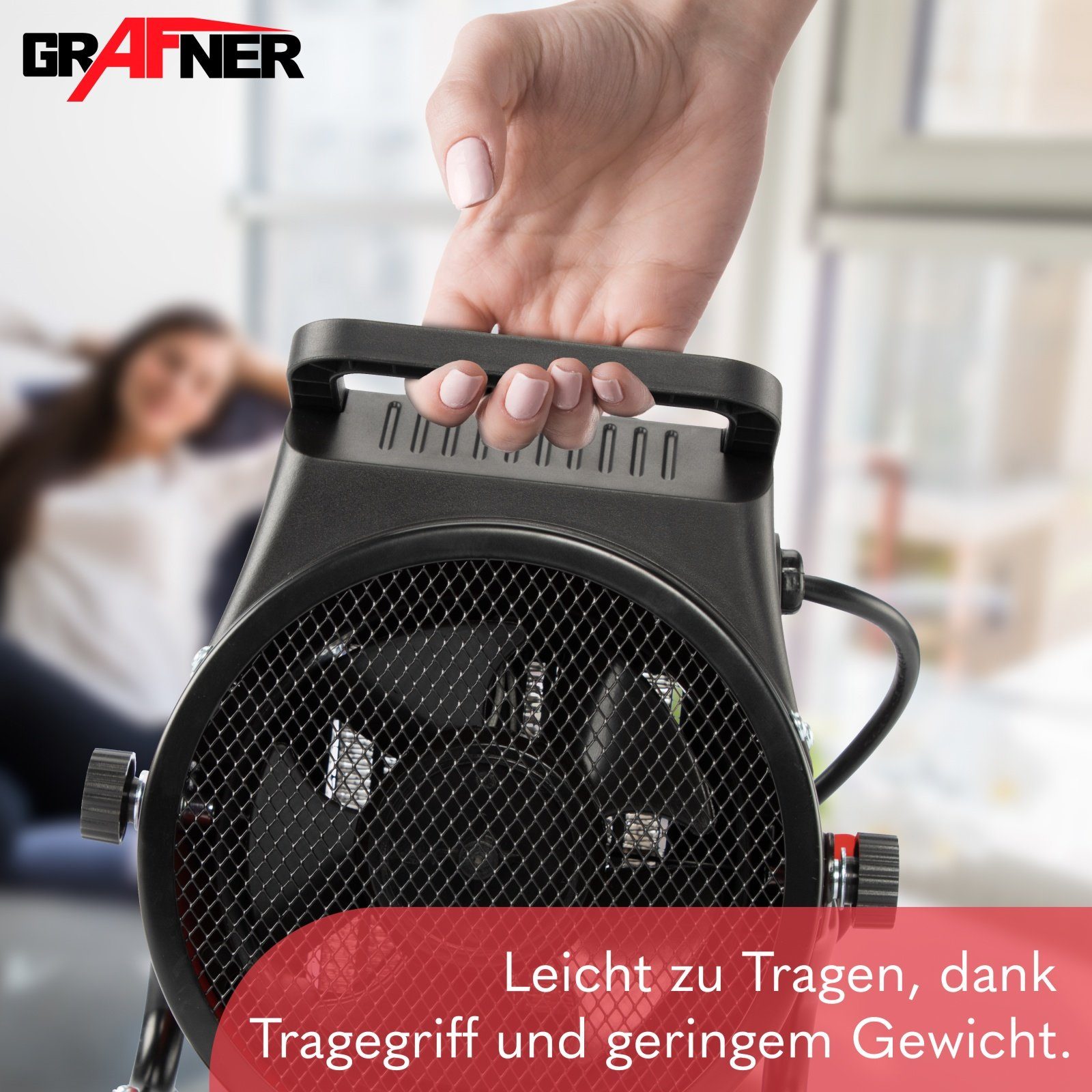 Grafner Heizgerät 2000 W Baustellen Heizlüfter Heizgebläse 2 kW Keramik Elektroheizung, 2000 W, mit Thermostat und Tragegriff