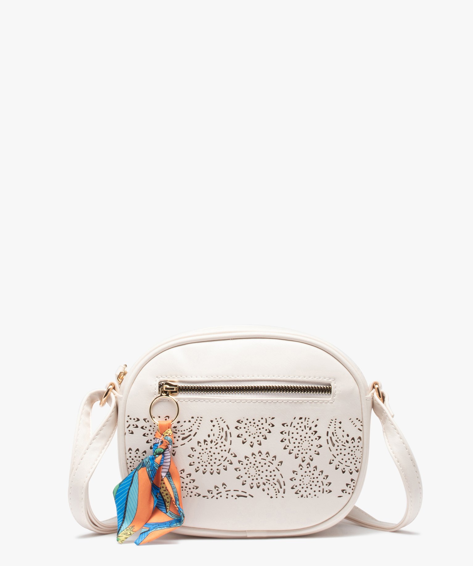 Sac femme petit format avec motif ajouré et breloque en tissu blanc | GEMO