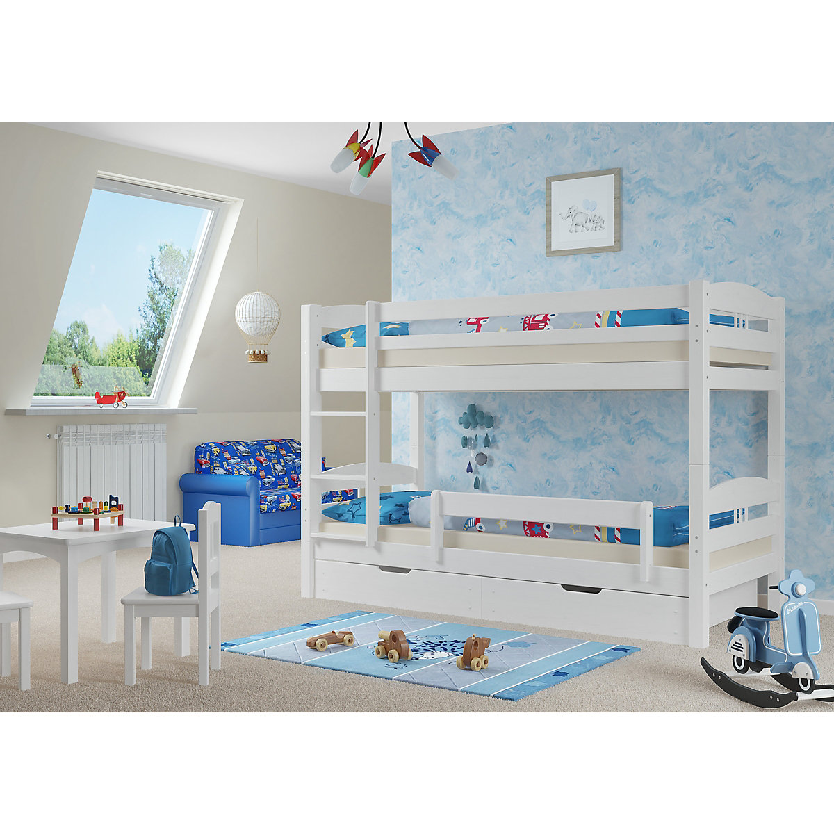 Stockbett 90x200 Kiefer weiß mit Rollrost und Bettkasten