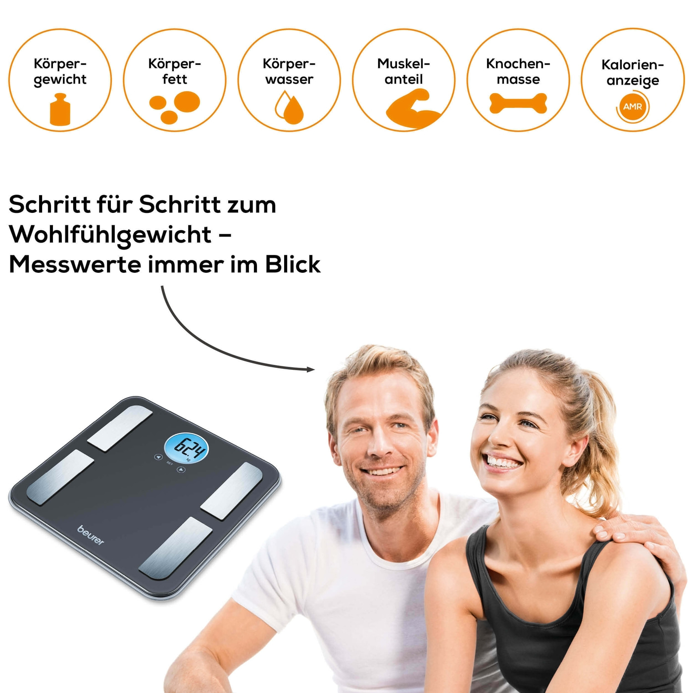 Beurer Diagnosewaage - BF 195-Körperfettwaage mit Ganzkörperanalyse & runder LCD-Anzeige bis 180 kg