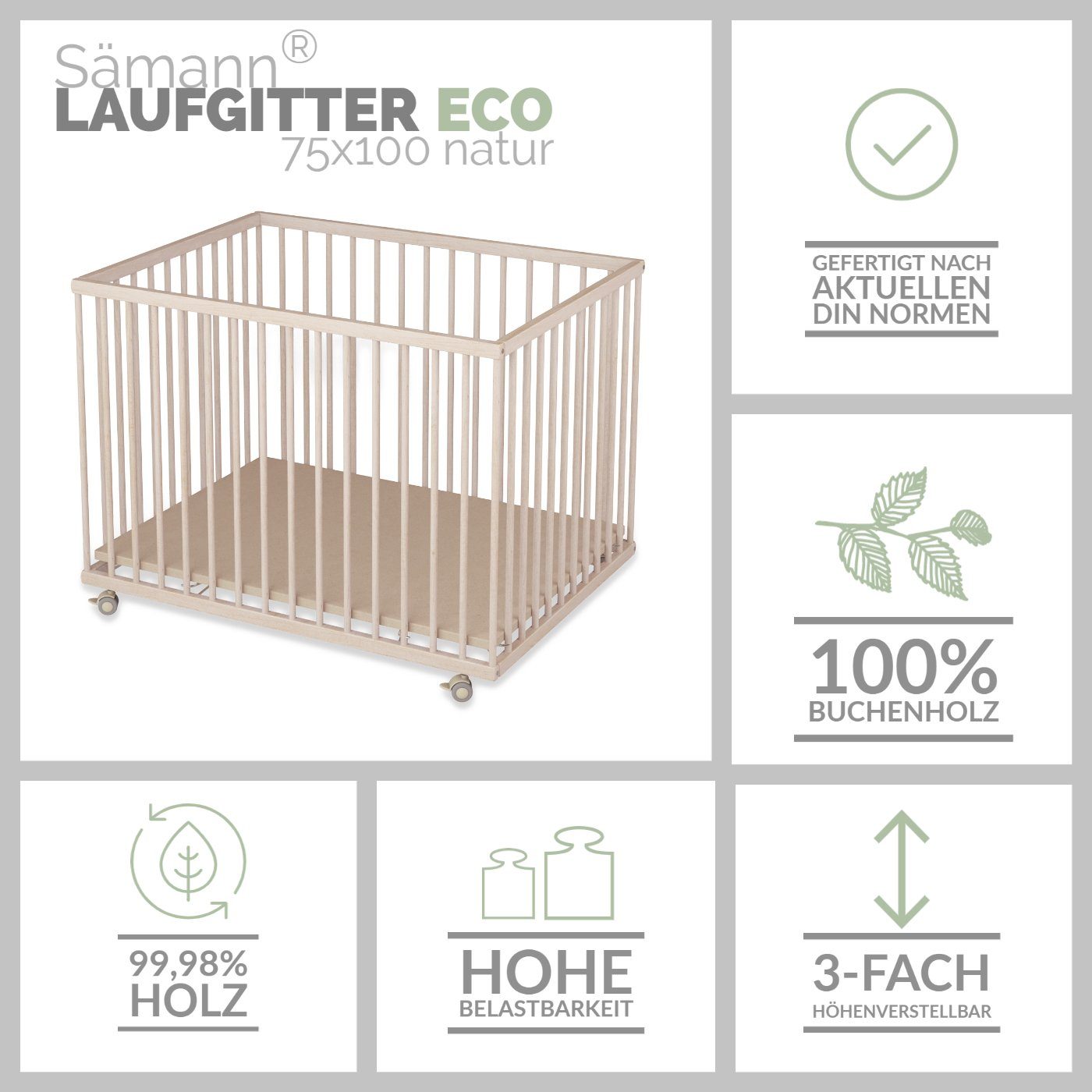 Sämann Laufgitter 75x100 cm mit Matratze - ECO - 3-fach höhenverstellbar -, Laufstall Baby Buche natur