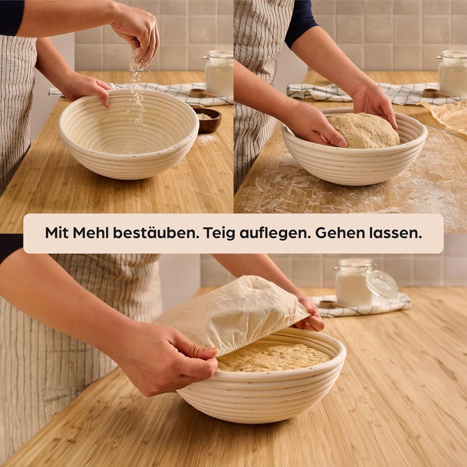 Praknu Gärkorb Für Brot Rund 25 cm 1kg - Gärkörbchen für Brotteig zum Brotbacken, Aus nachhaltigem Rattan - Geruchsneutral - Mit Backutensilien