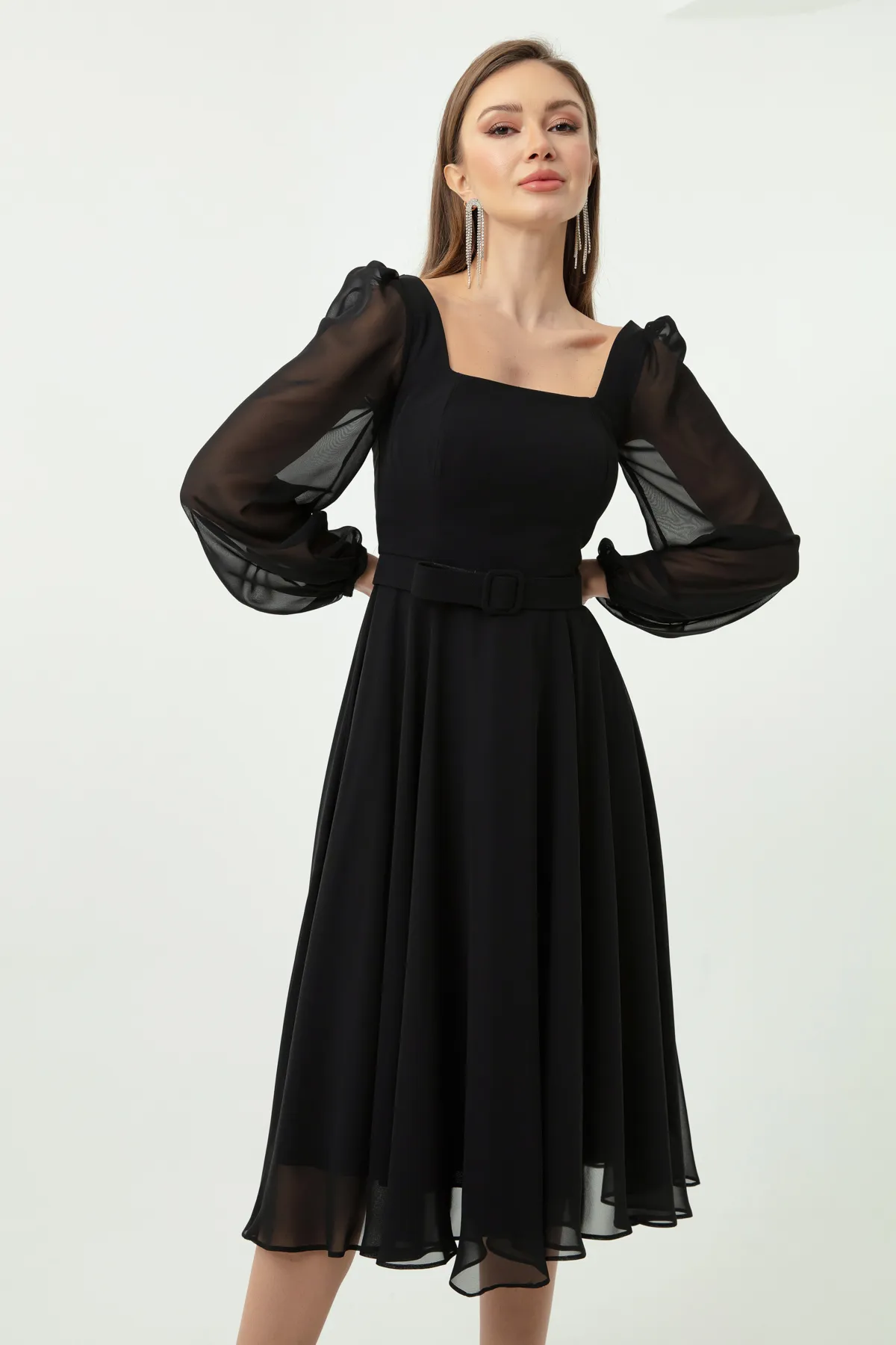 Lafaba  Schwarzes Abendkleid aus Midi-Chiffon mit quadratischem Ausschnitt und Gürtel für Damen