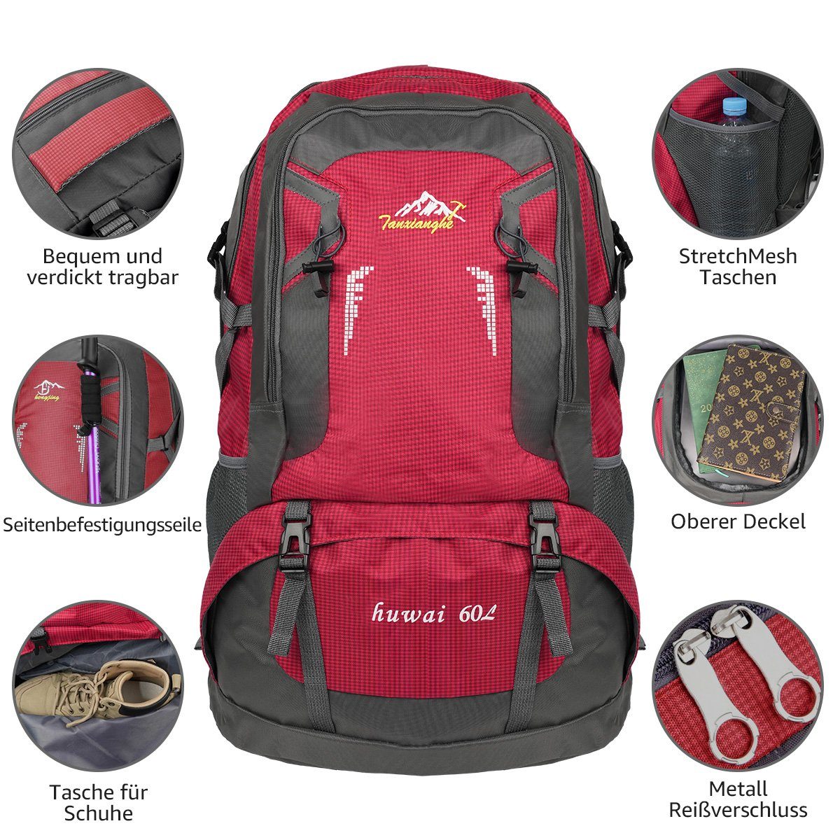 7Magic Wanderrucksack 60L XXL Rucksack Trekkingrucksack Reiserucksack Outdoorrucksack, Outdoor Daypack mit Hüftgurt, für Wandern, Klettern, Reisen Sport