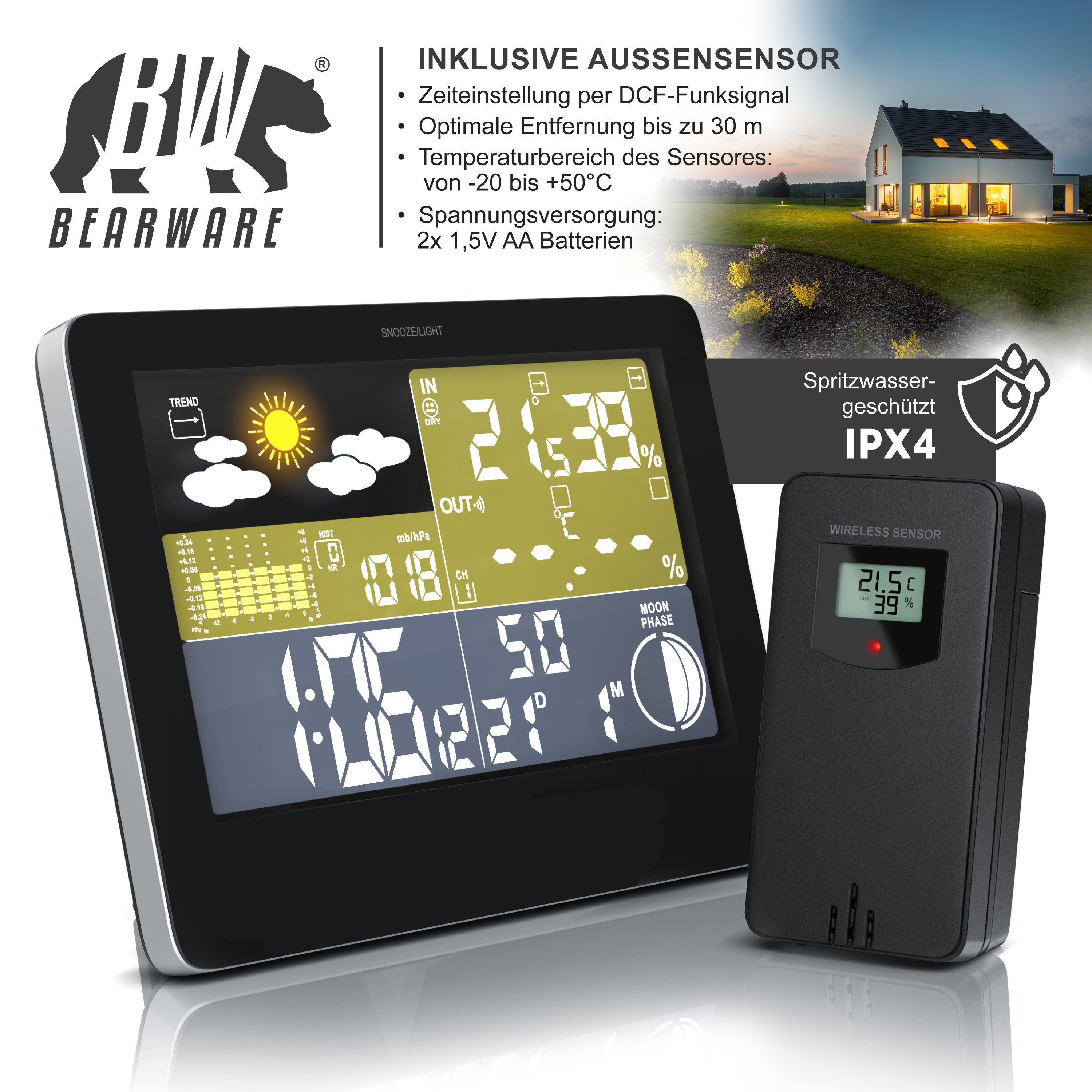 BEARWARE Wetterstation (Außensensor, Funk, LCD Farbdisplay, Wettervorhersage-Piktogramm)