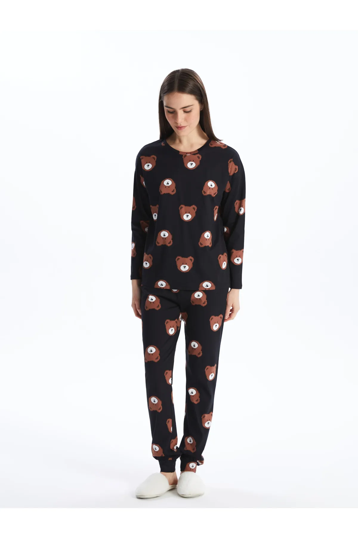 LC Waikiki  Bedrucktes Langarm-Damenpyjama-Set mit Rundhalsausschnitt