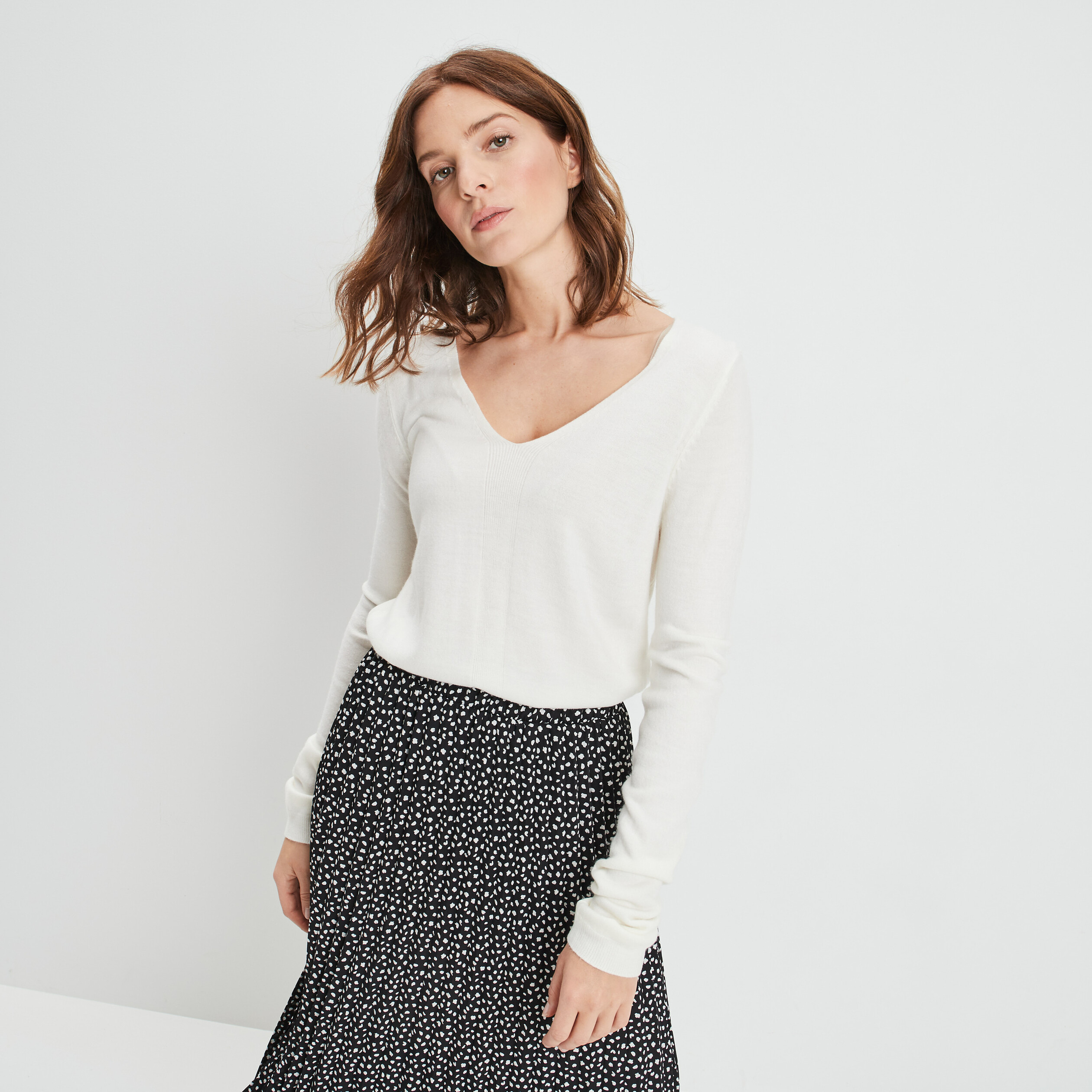 Pull col V manches longues ivoire femme | La Halle