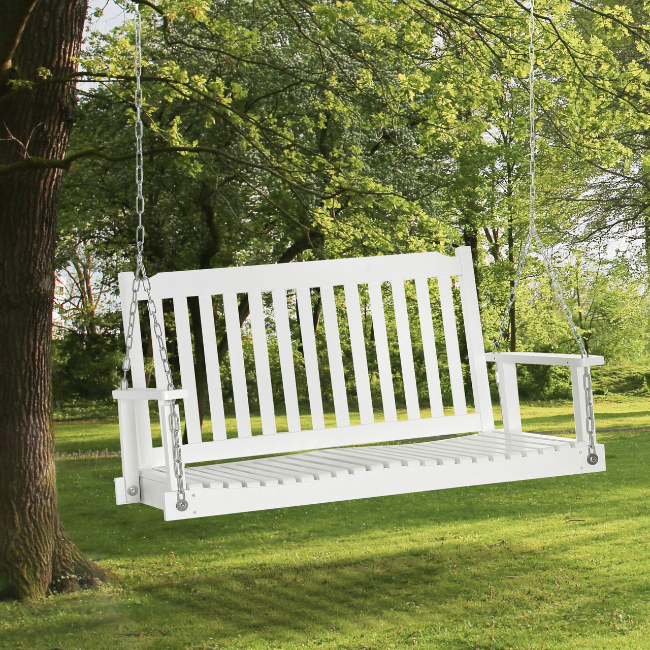 Outsunny Gartenschaukel für 2 Personen Schaukelbank Hängebank Massivholz Patio Terrasse Hinterhof Weiß 117 x 69 x 60 cm
