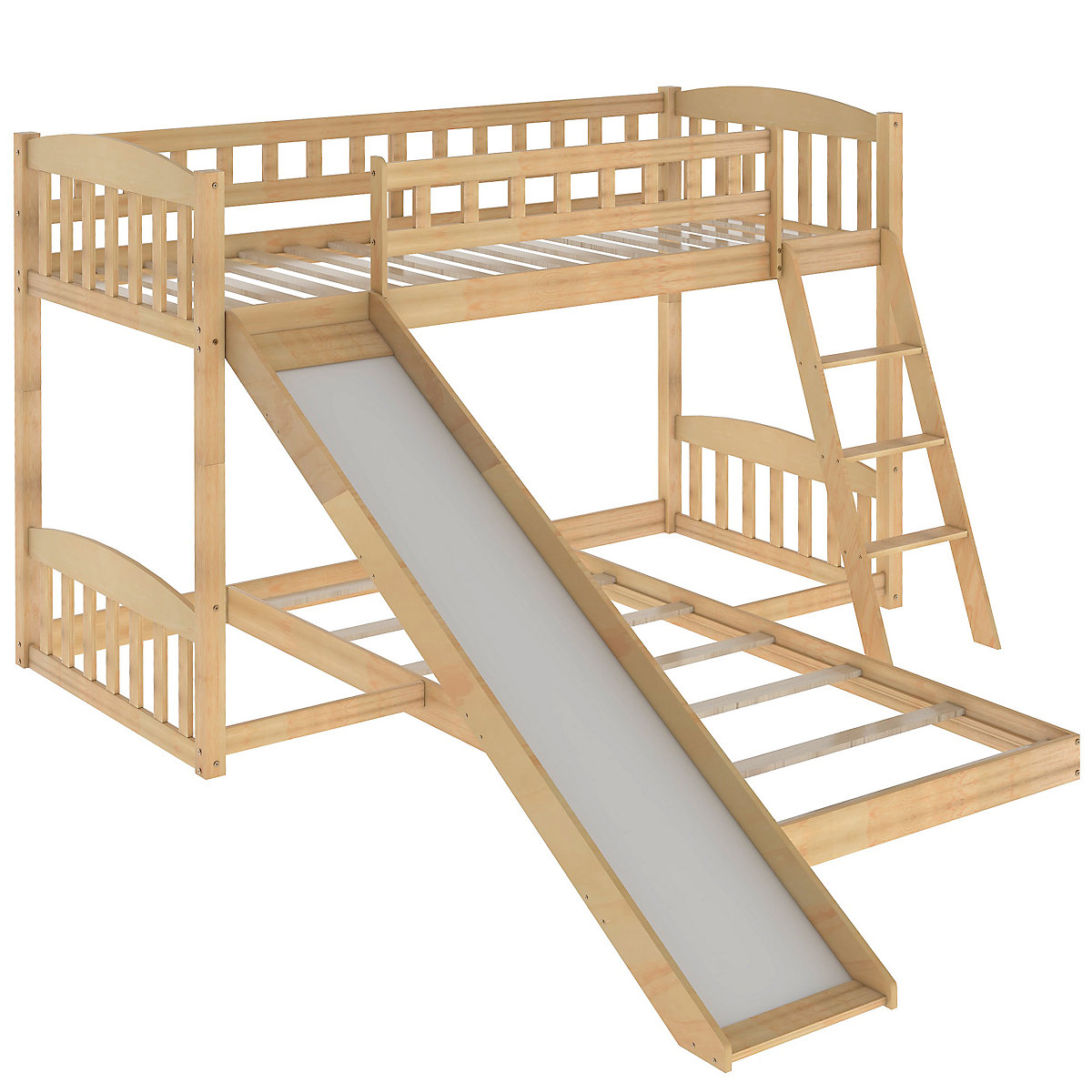 Etagenbett mit Rutsche, Niedriger Kinderbett Etagenbettrahmen Massives Kiefernbett 90 x 200 cm