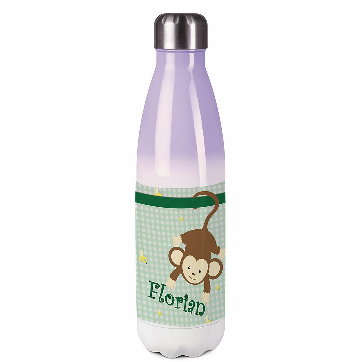 Edelstahl Kinder Thermoflasche / Trinkflasche bunt Affe hängend Farbe grün Spülmaschinenfest, Auslaufsicher, Bruchfest, Doppelwandig, Für Heißgetränke geeignet, Mit Deckel, Isoliert