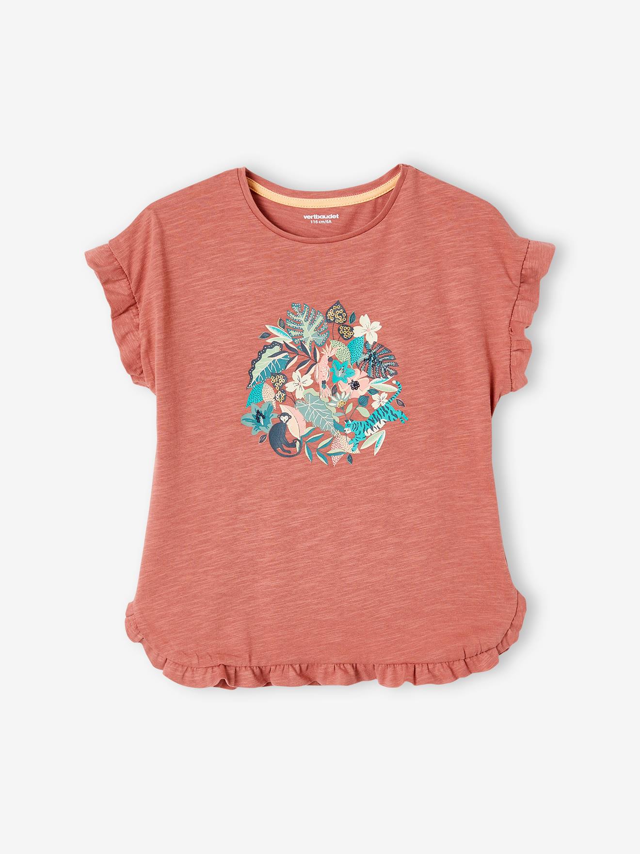 Vertbaudet Mädchen T-Shirt mit Pailletten-Print und Volants Oeko-Tex - aqua