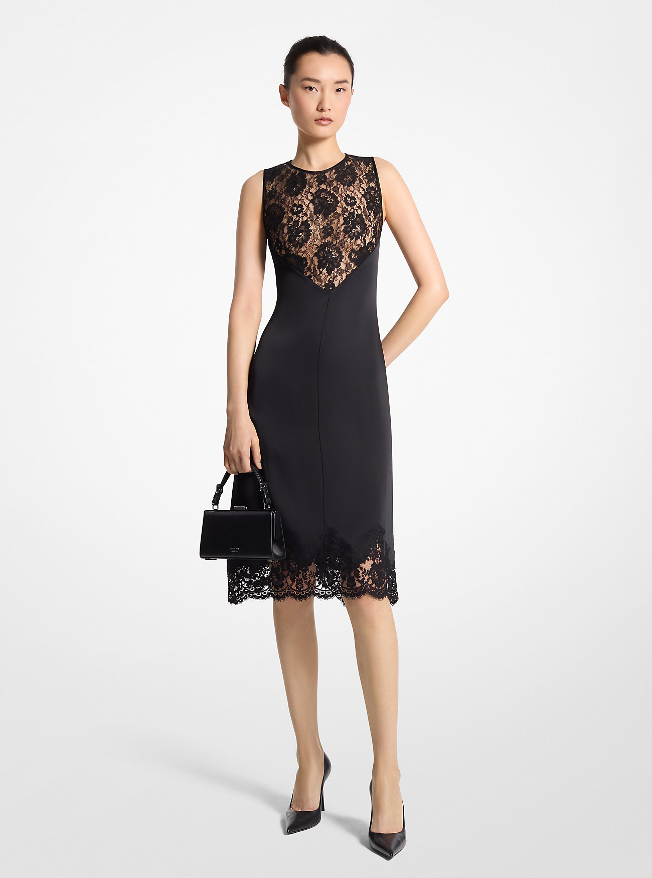 Lace Trim Satin Charmeuse Dress - BLACK