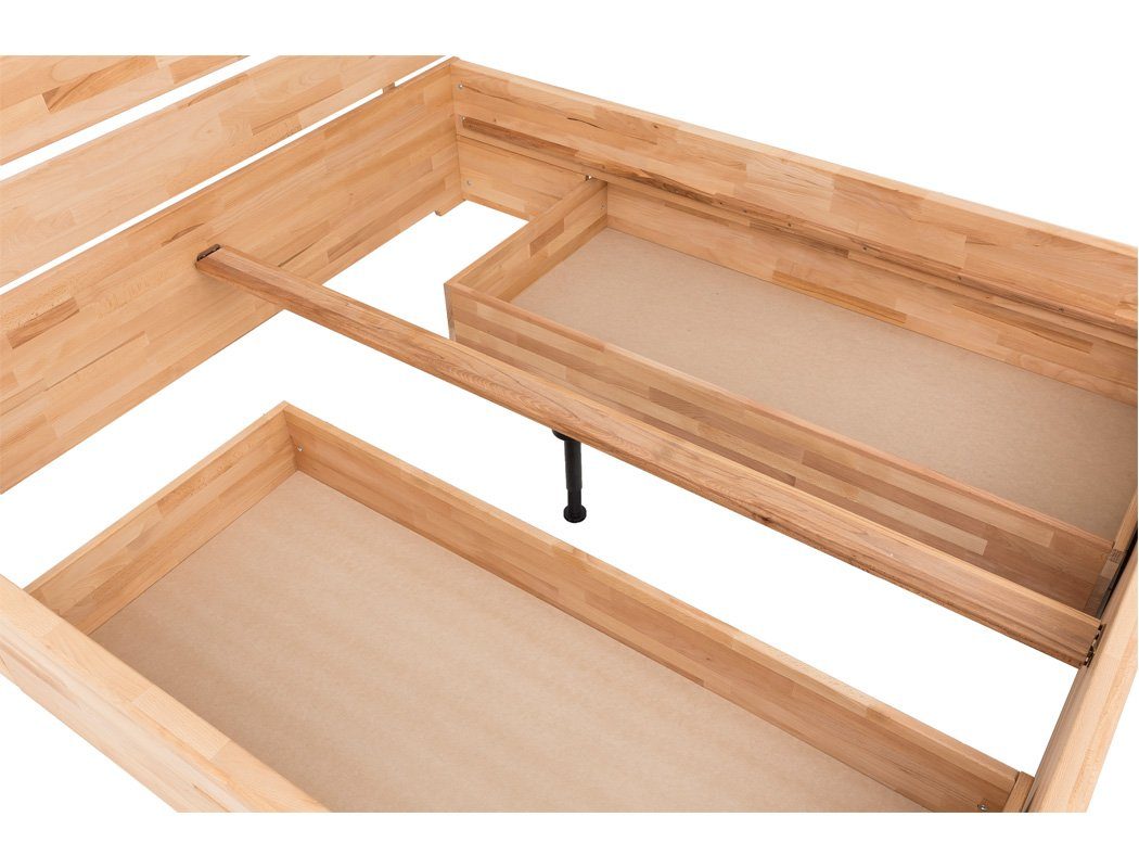expendio Massivholzbett Cleo (Spar-Set, 3-tlg), Schubladenbett 200x200 Wildeiche mit 2 Schubladen inkl. 2x Nachttisch