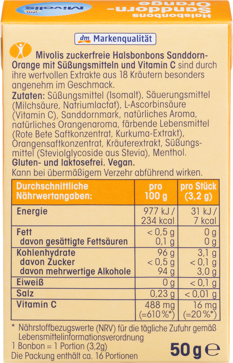 Bonbon, Sanddorn-Orange, zuckerfrei, 50 g