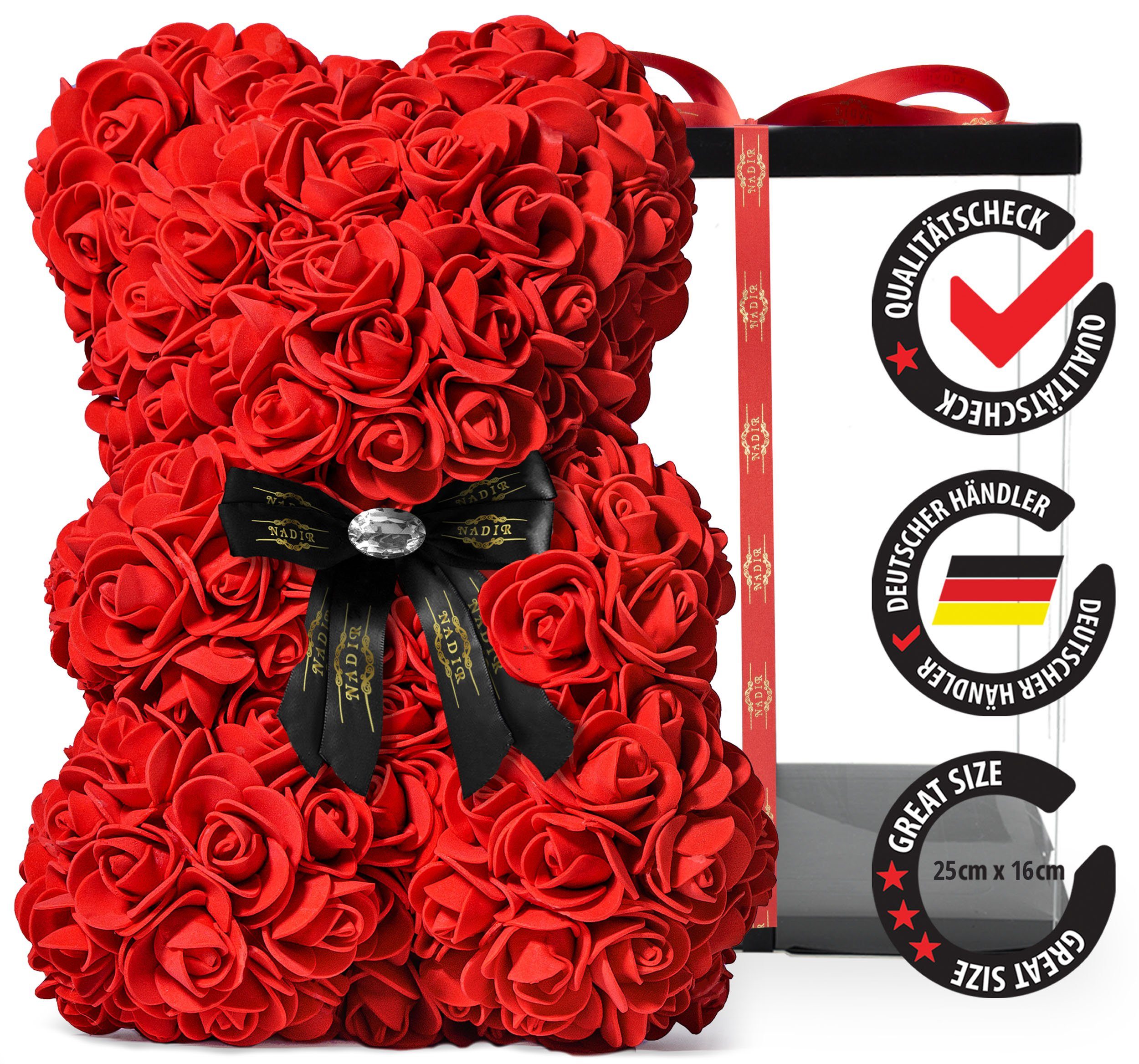 Kunstblume NADIR Rosenbär 25 cm mit Schleife / inklusive vorverpackter Geschenkbox/ Valentinstag Muttertag Geburtstag Jahrestag Infinity Rosebear Bär aus Rosen Flower Teddy Teddybär Blütenbär Künstliche Pflanze, NADIR