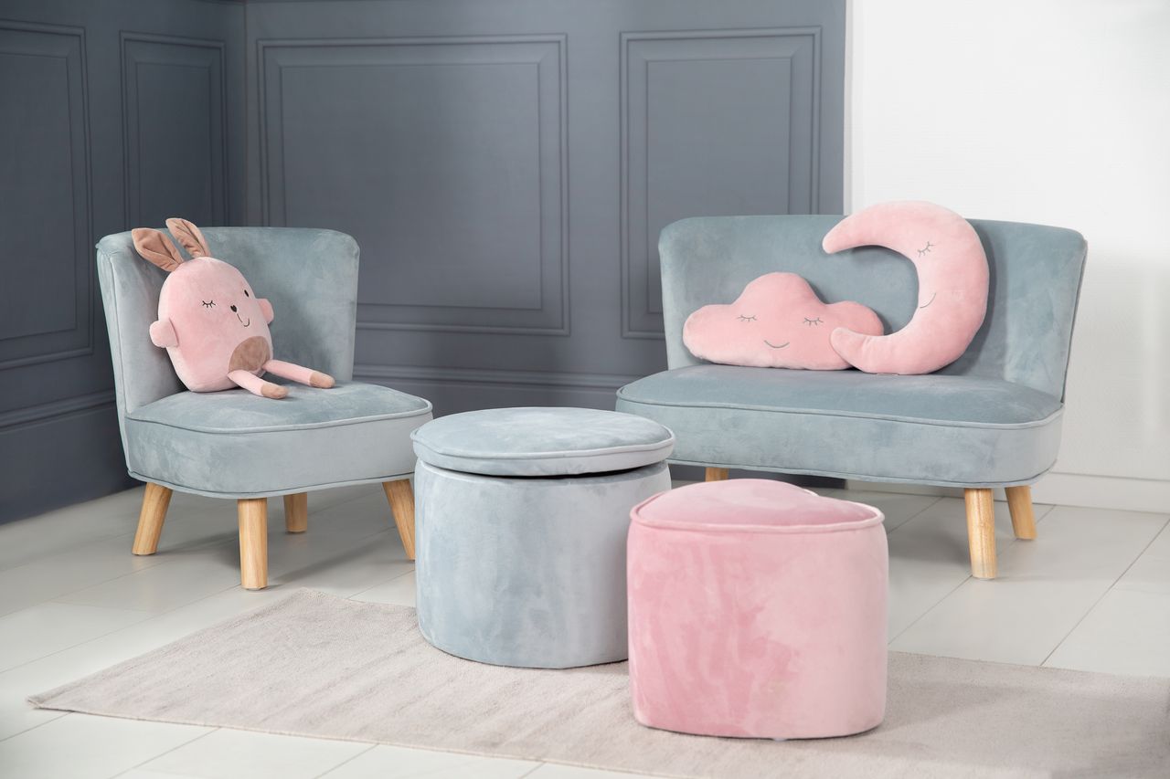 Roba Kinderhocker mit Aufbewahrungsfunktion „Lil Sofa“, oval, bequem, mit Samtstoff, Sky/Hellblau