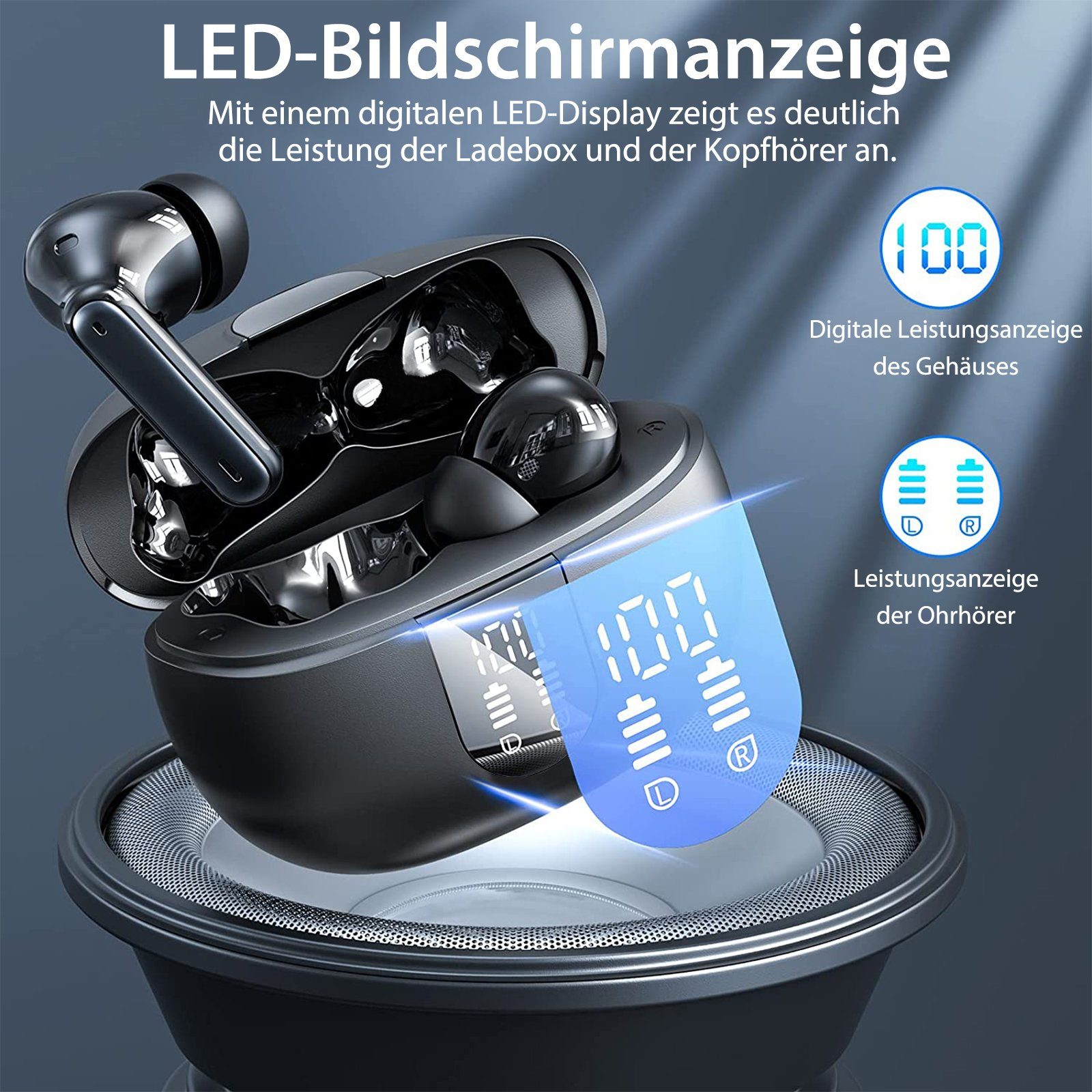 Yuede Bluetooth 5.3 Kopfhörer, Earbuds Kabellos mit LED-Ladebox In-Ear-Kopfhörer (Immersives HIFI-Stereo, Bluetooth Kopfhorer mit LED-Ladebox, ENC HD Anruf, One Step Pairing, 10-mm-Schwingspule)