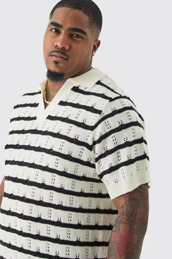 Plus kurzärmliges gehäkeltes gestreiftes Poloshirt in Ecru
