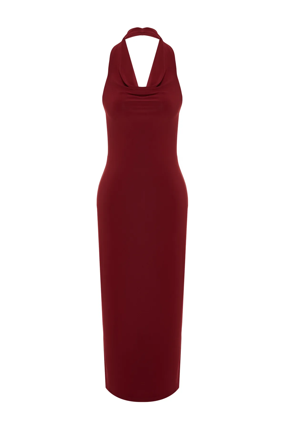 Trendyol Collection  Burgunderrotes, dehnbares Strick-Midi-Bleistiftkleid mit Degaje-Kragen TWOSS24EL00106