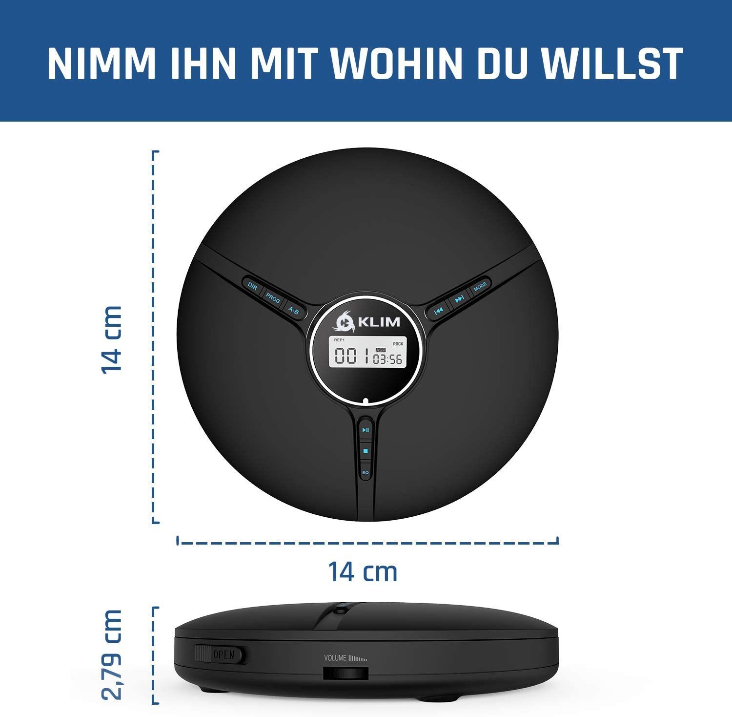 KLIM Tragbarer Discman, inklusive Kopfhörer Stereo-CD Player (hochwertiger CD-Spieler für unverwechselbares Hörerlebnis)