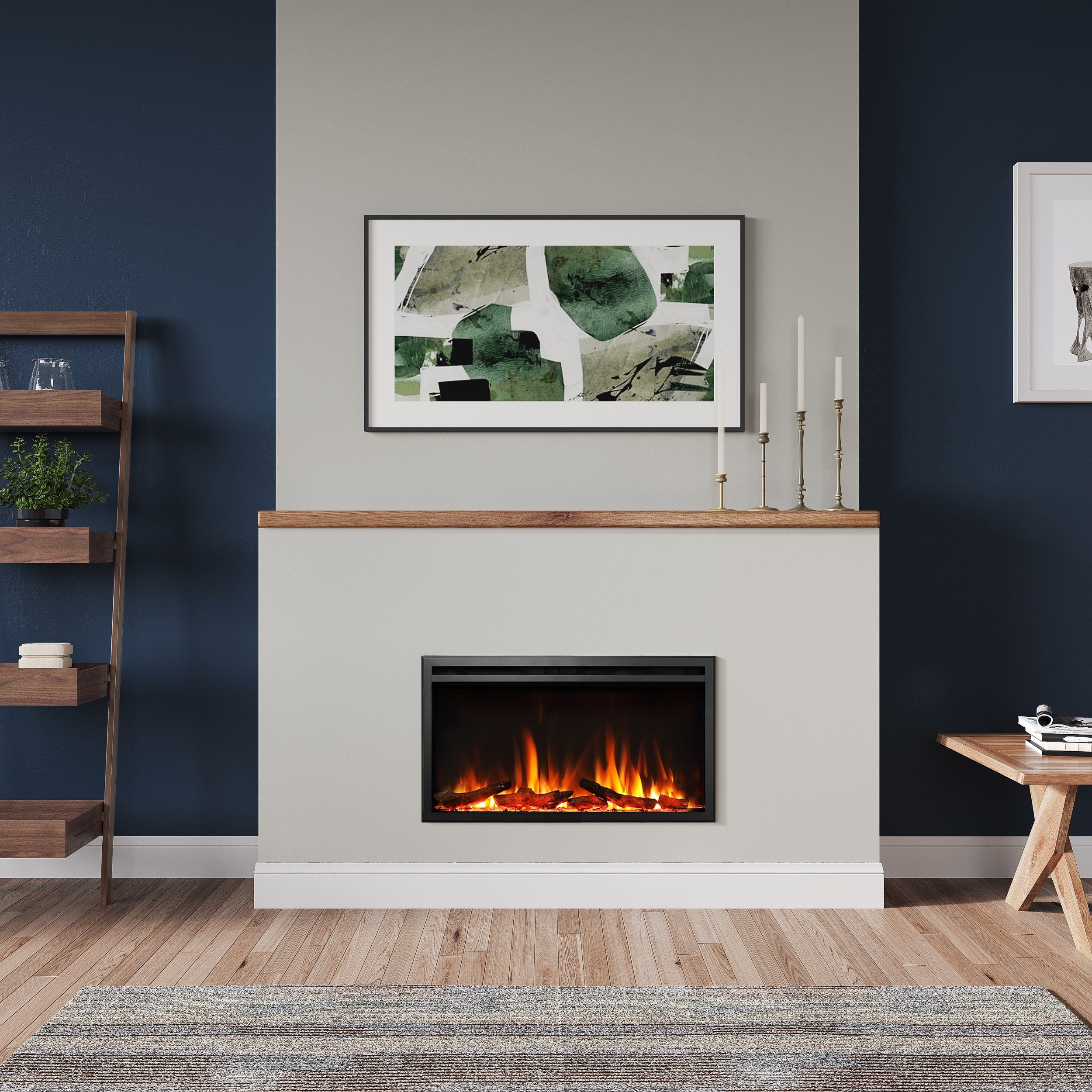 RICHEN Elektrokamin Atalanta, Einbaukamin mit Heizung 2000W, 3D-Flammeneffekt, integrierte Knisterfunktion, Fernbedienung, Timer, Thermostat