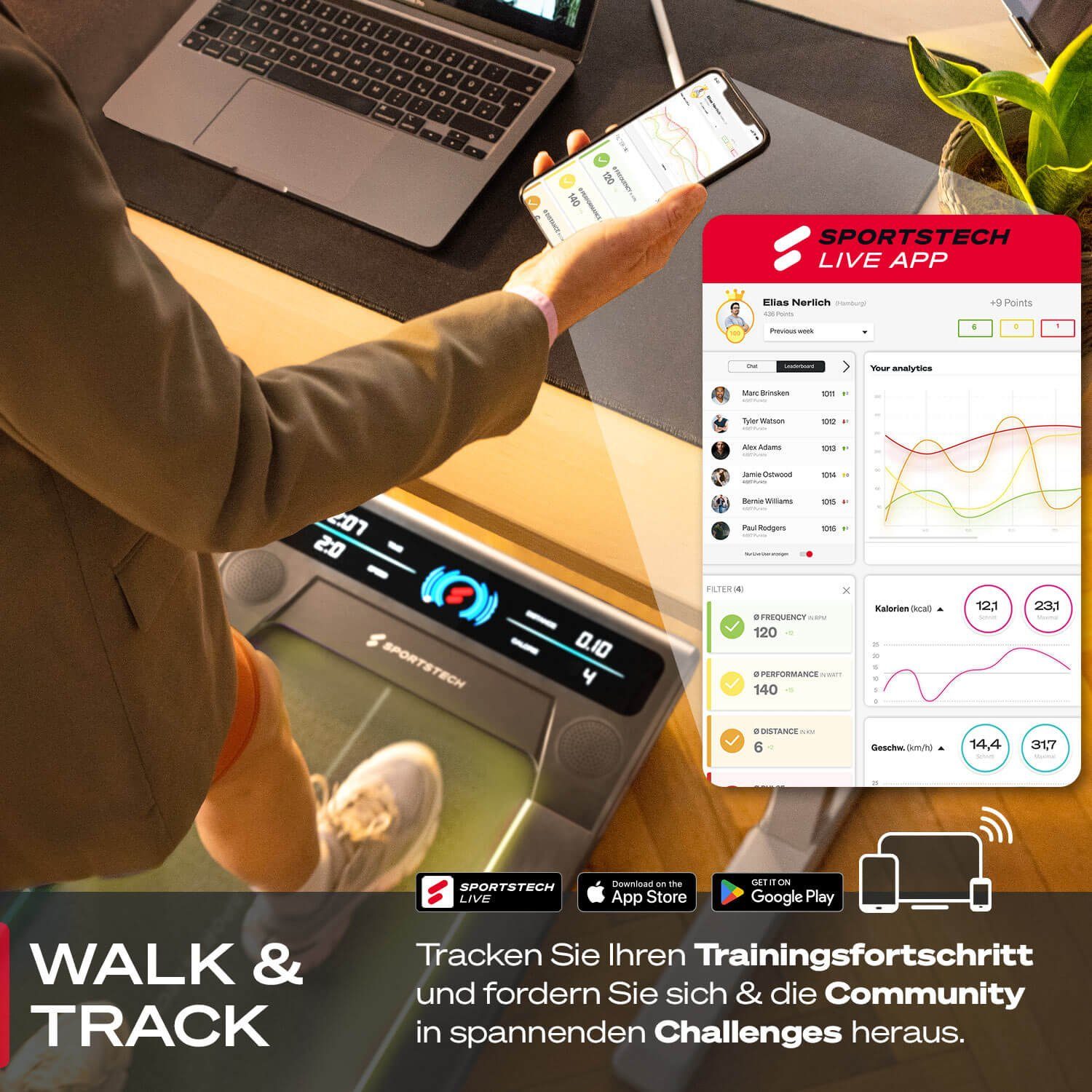 Sportstech Laufband sWalk, 1-6 km/h mit LED, interaktivem LCD-Display & App Verbindung