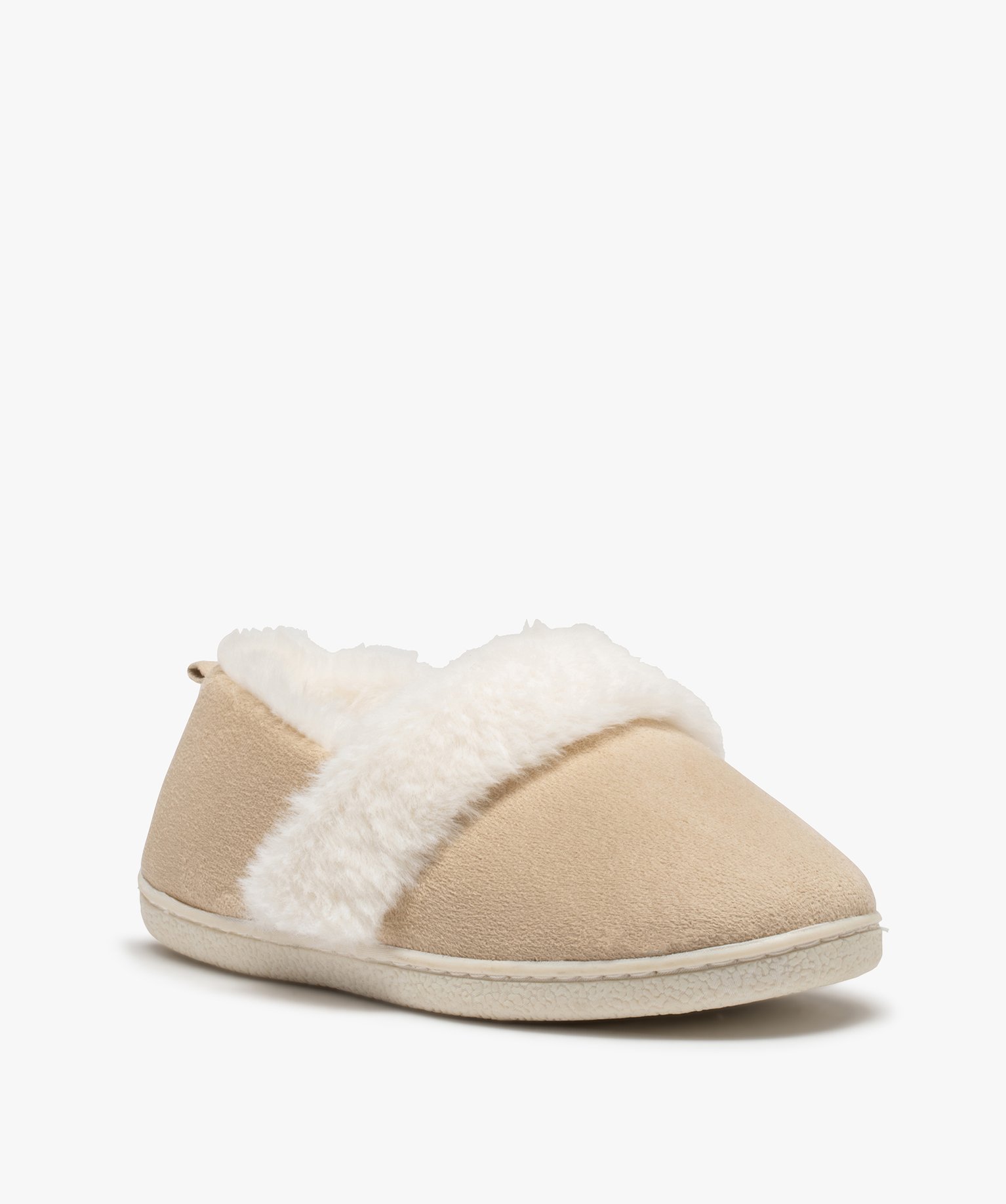 Chaussons femme fourrés dessus en suédine unie beige | GEMO