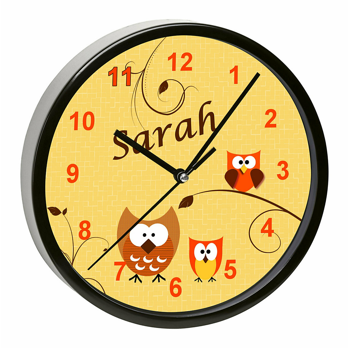 Kinder Wanduhr personalisiert mit Name Eule Orange