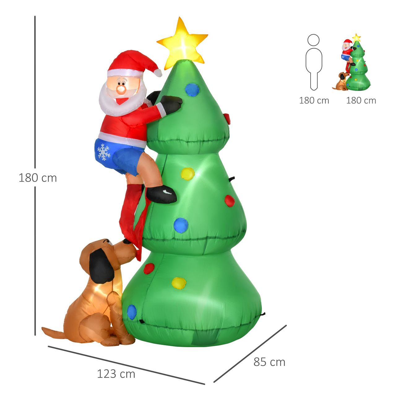 HOMCOM Aufblasbarer Weihnachtsbaum mit Weihnachtsmann und dem Hund 180 cm Weihnachtsdeko Weihnachtsbeleuchtung LED Selbstaufblasend Polyester Grün 123 x 85 x 180 cm