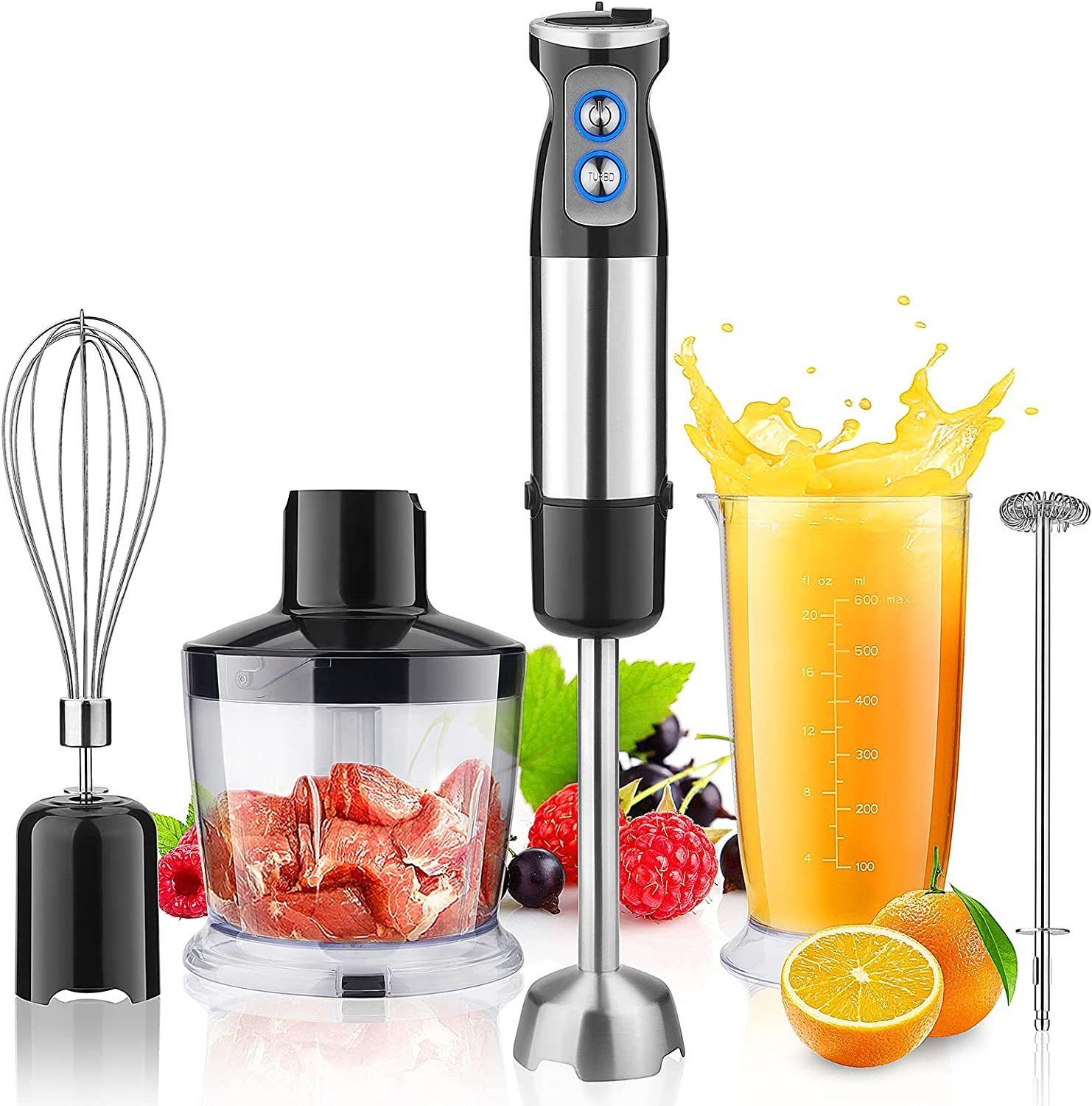 IBETTER Stabmixer, Stabmixer Edelstahl Set - 800-1000 W- Pürierstab - 12 Stufen, mit Schneebesen, Standmixer Aufsatz, Zerkleinerer, 600 ml Mixbecher