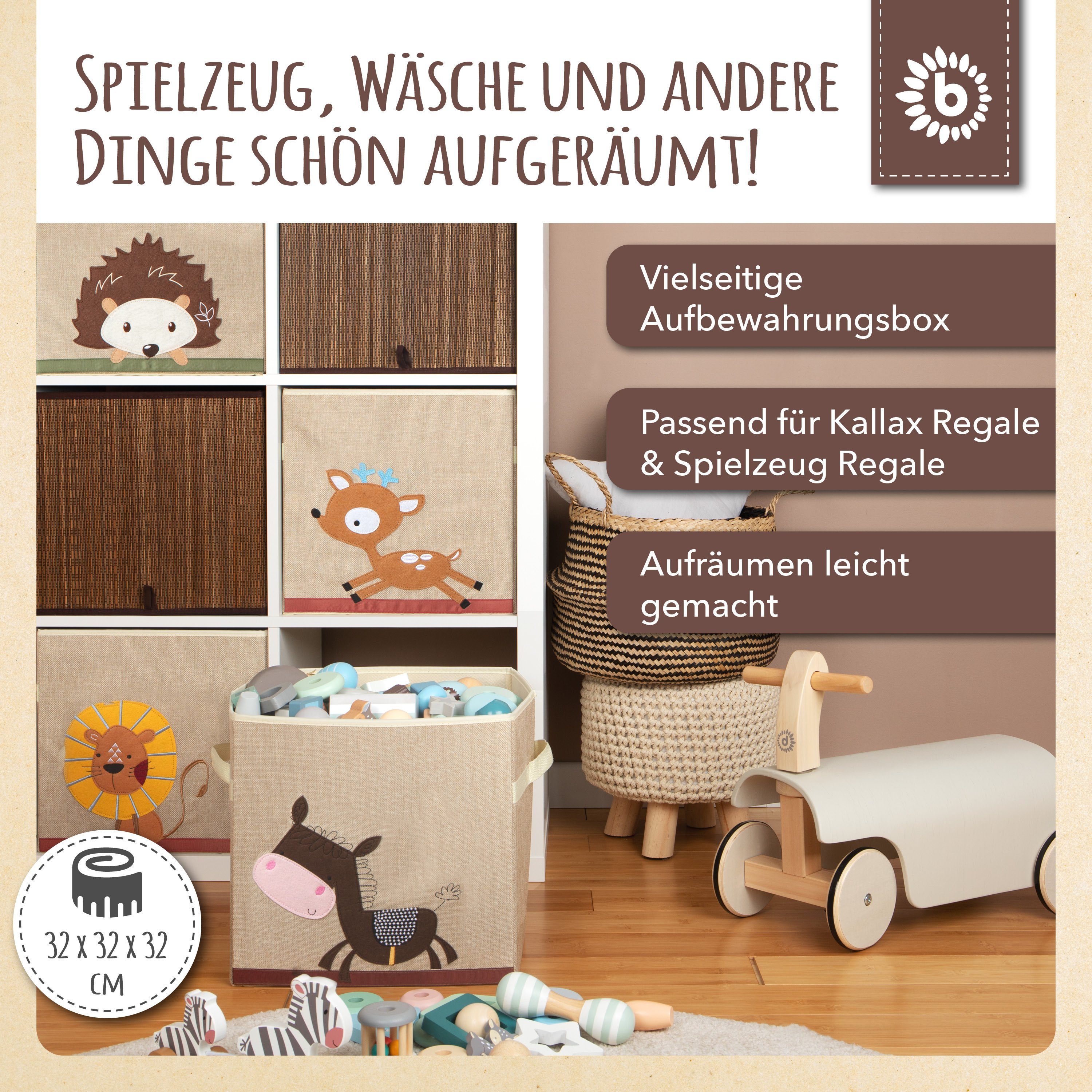 BIECO Spielzeugtruhe Bieco Aufbewahrungsbox Kinder Esel Motiv ca. 36L faltbar Süße Spielzeug Kiste für Kallax Regal Aufbewahrungsbox 33x33x33 Kallax Boxen für Spielzeug Aufbewahrung Storage Box Kallax Korb