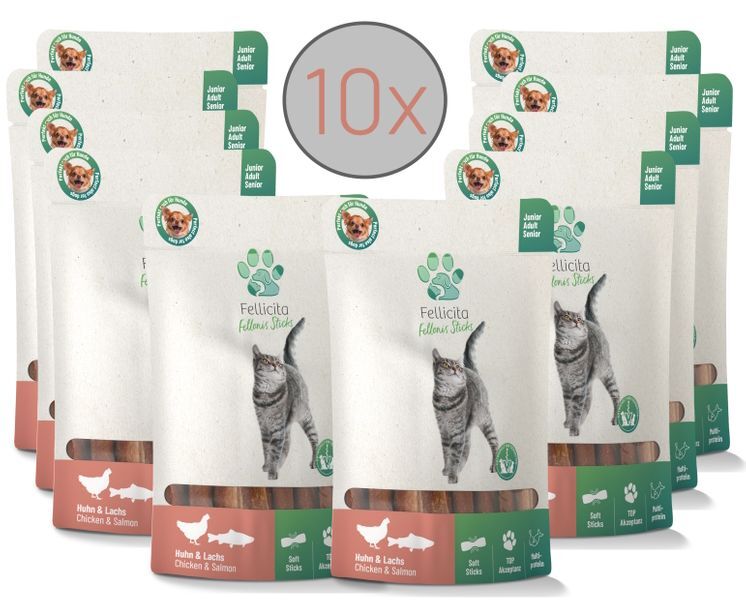 Fellicita Snacks Fellicita Huhn & Lachs Sticks 10x 50g Fellonis Katzensnacks