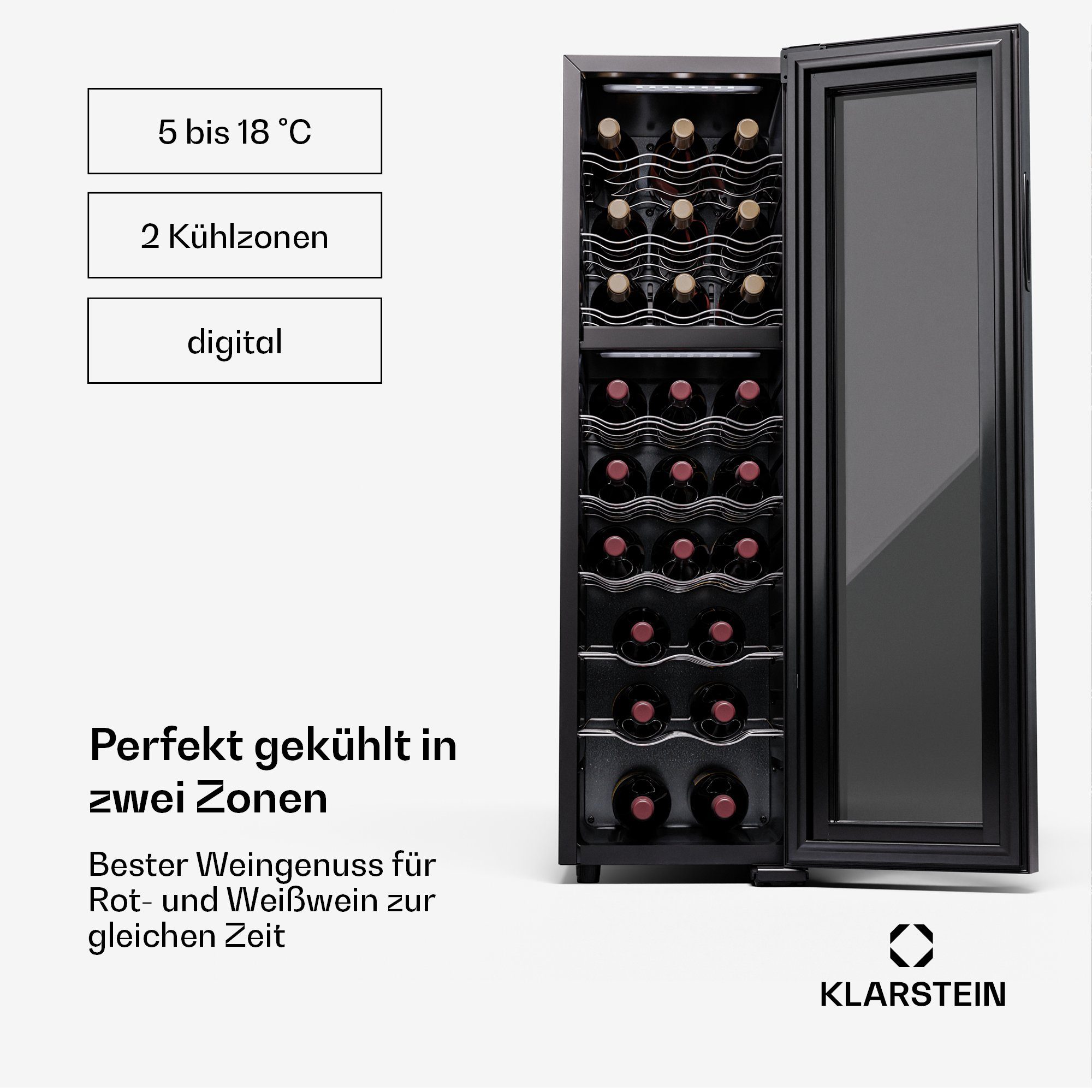 Klarstein Weinkühlschrank Shiraz 24 Duo, für 24 Standardflaschen á 0,75l,Wein Flaschenkühlschrank Weintemperierschrank Weinschrank Kühlschrank