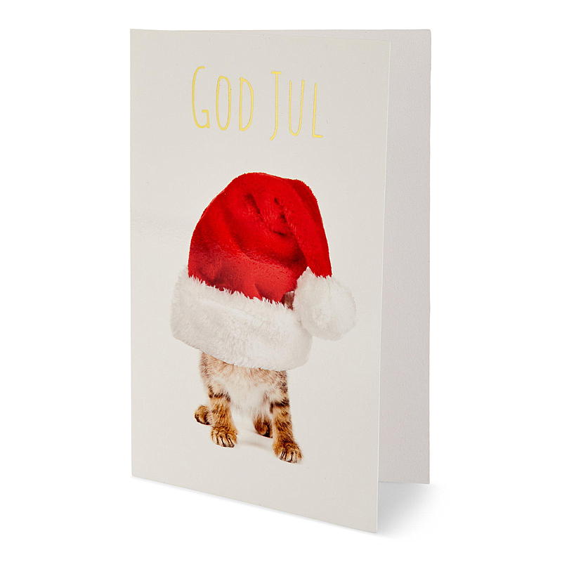 Julekort God jul, katt m/lue