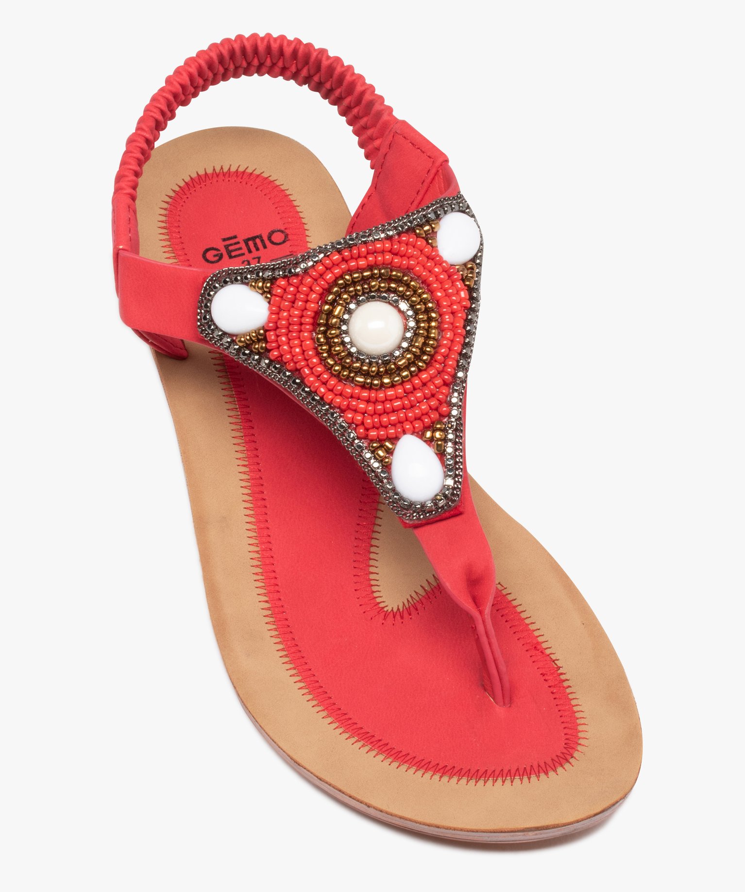 Sandales femme plates à entre-doigts orné de perles rouge | GEMO
