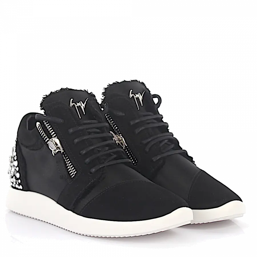 Giuseppe Zanotti - Sneaker Veloursleder Schmuckstein Zierreißverschluss schwarz - schwarz