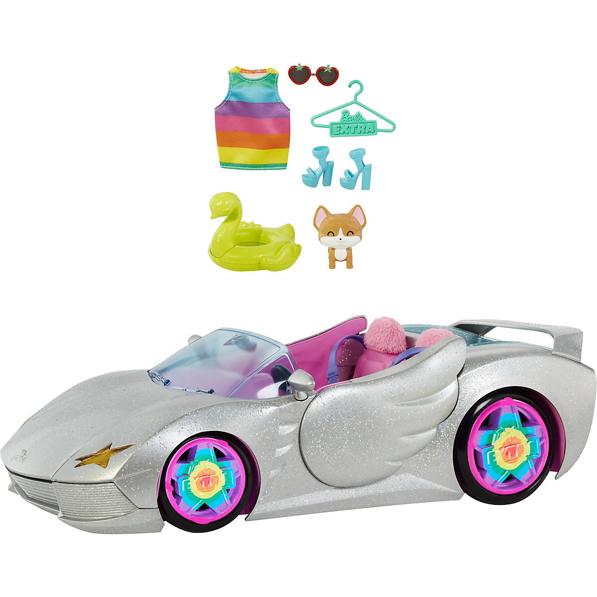 Barbie Extra Auto Cabrio (glitzert) mit Regenbogen Reifen, Zubehör