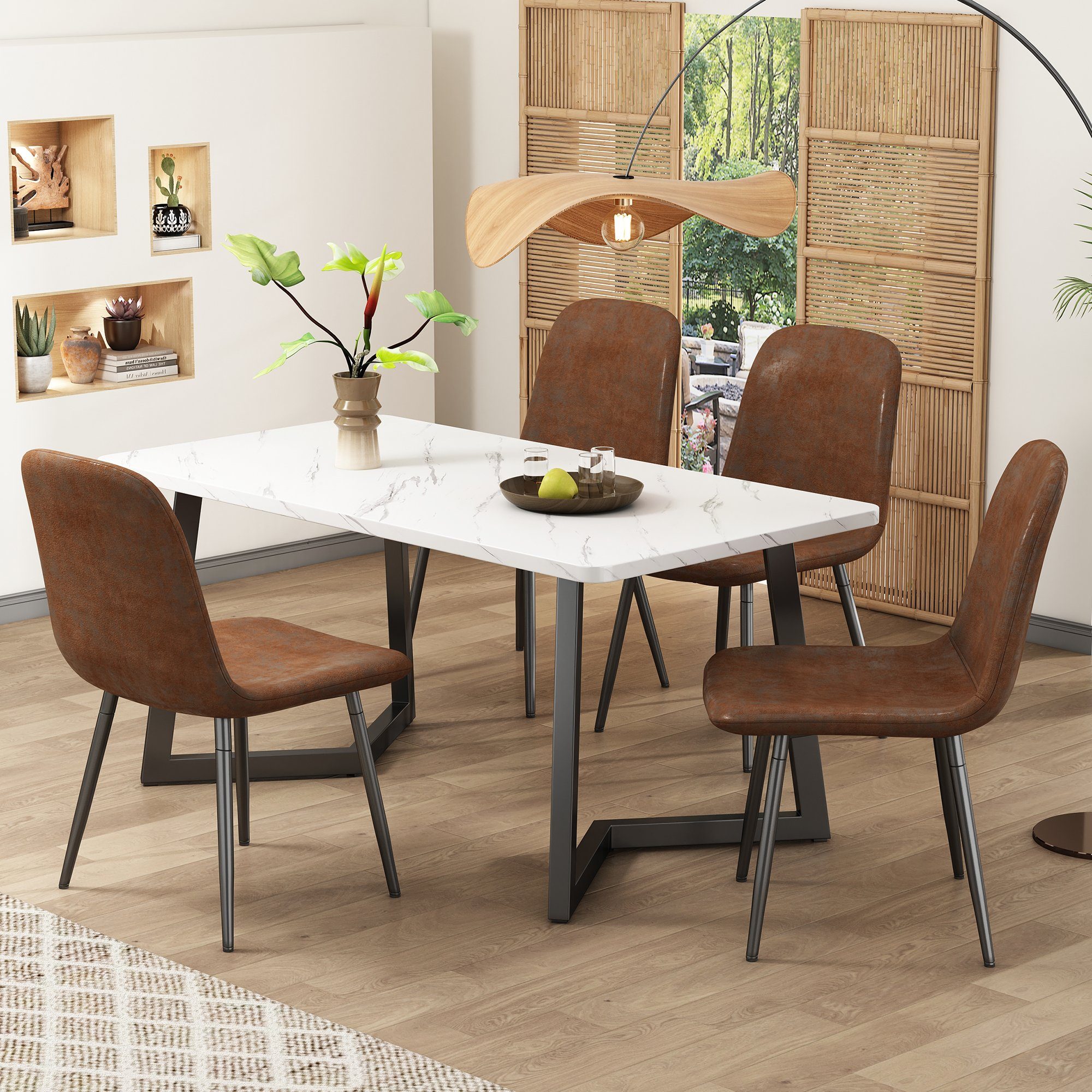 Celya Essgruppe Esstisch mit 4 Stühlen,Moderner Küchentisch Set, (Tisch mit 4 Stuhlen), Beine aus Metall,Schwarze Tischbeine,Braun Kunstleder