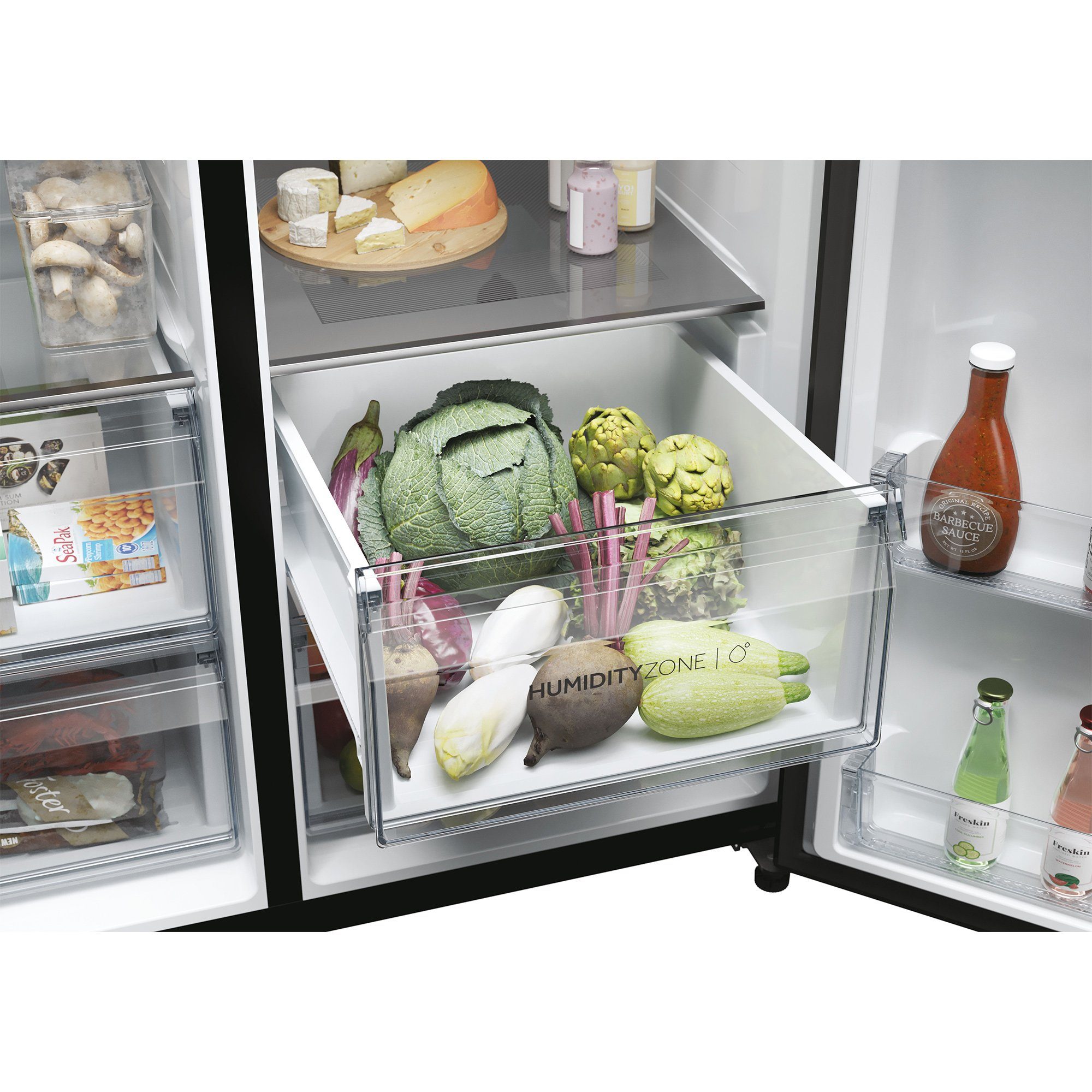 Haier Side-by-Side Front aus Edelstahl schwarz HSW59F18EIPT, 177,5 cm hoch, 90,5 cm breit, Wasser -/Eiswürfeldispenser, Smart hON App-WIFI, Total No Frost