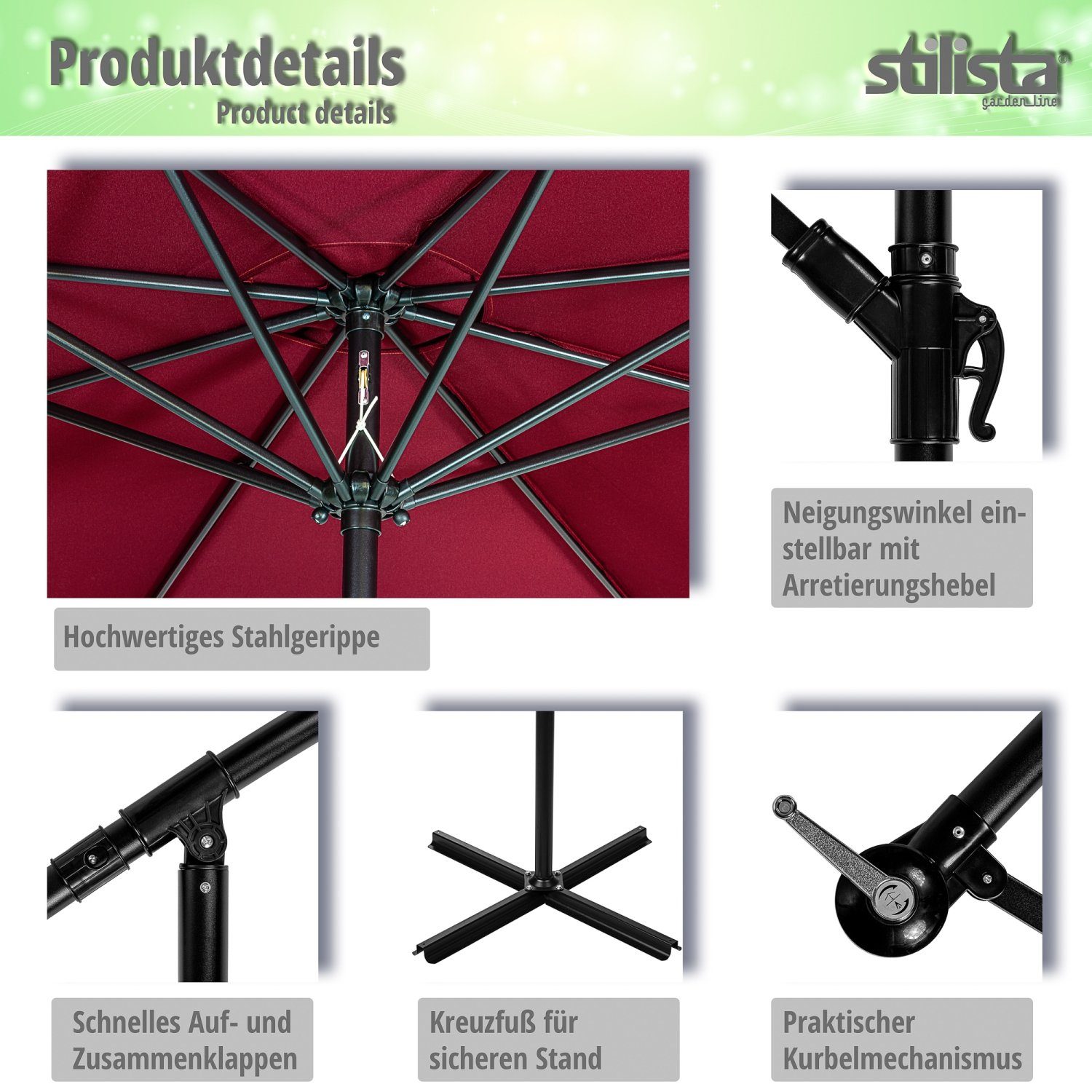 STILISTA Ampelschirm Sonnenschirm Gartenschirm Sonnenschutz Marktschirm, Ø 280 cm, UV 40+, Farbwahl, inklusive Abdeckung
