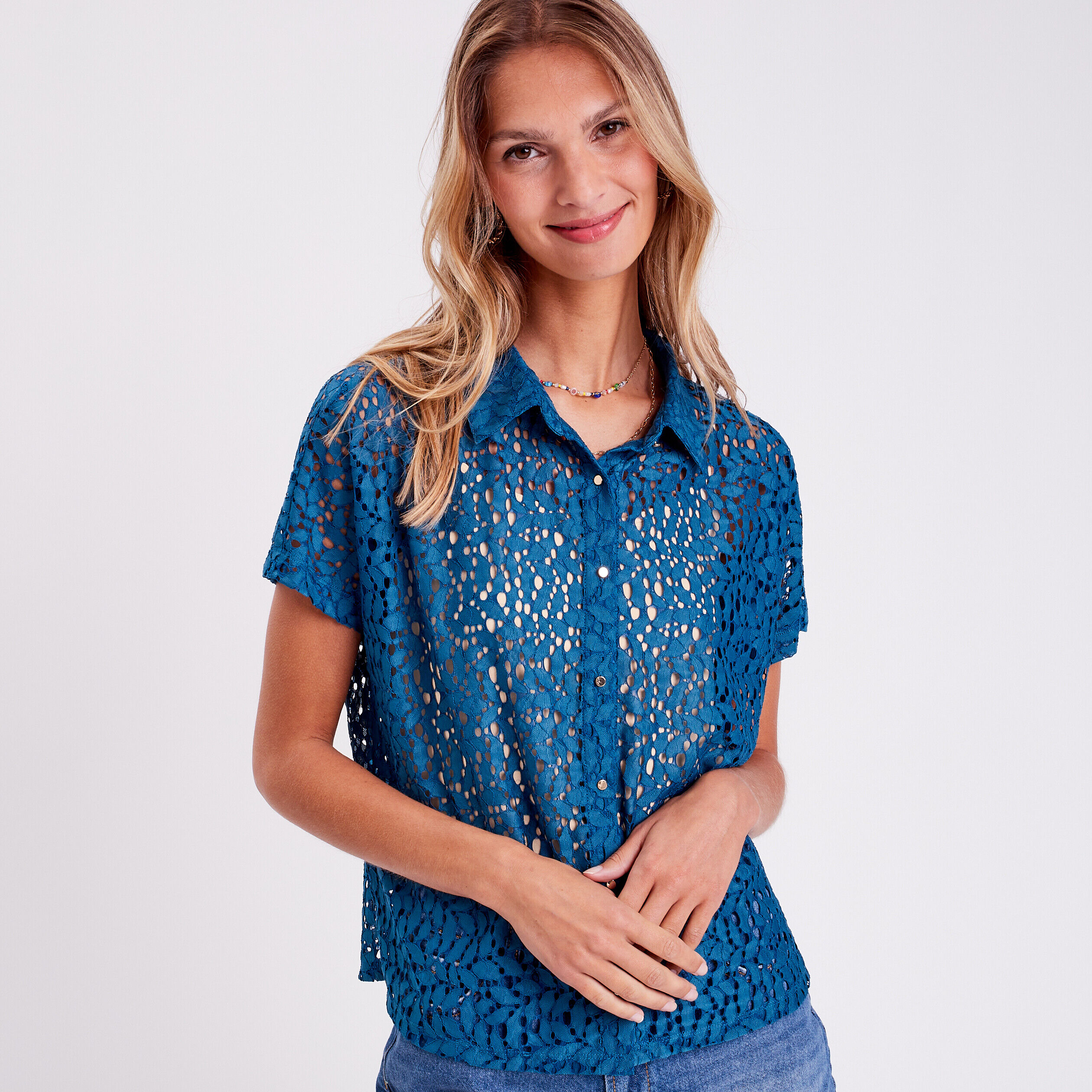 Chemise manches courtes bleu canard femme | Cache Cache