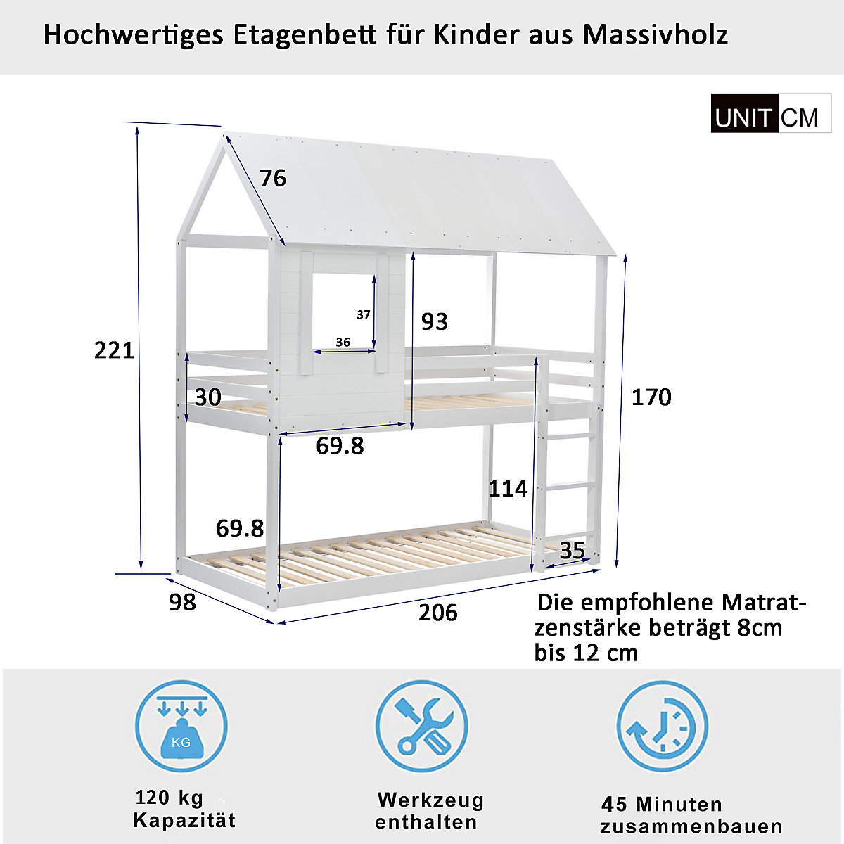 Etagenbett Kinderbett Holz Etagenbett 90 X 200 cm, Kinder hausbett mit Dach, Leiter und Lattenrost
