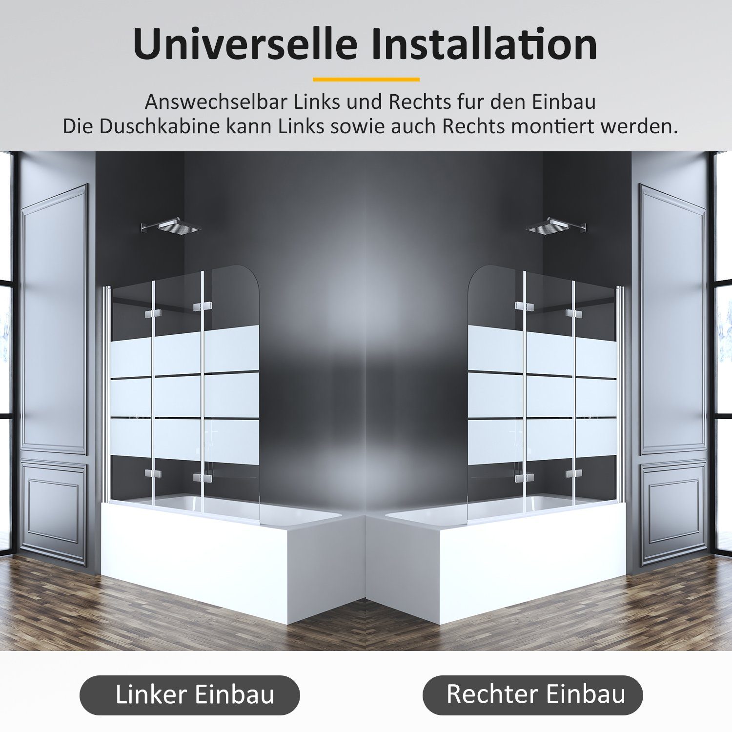 Boromal Badewannenaufsatz Glas 140 x 140cm 3 teilig Duschwand für Badewanne faltbar 180°, 5mm Sicherheitsglas, (Badewannenfaltwand, milchglas), Hebe- / Senkfunktion, Rechts-und Links montierbar