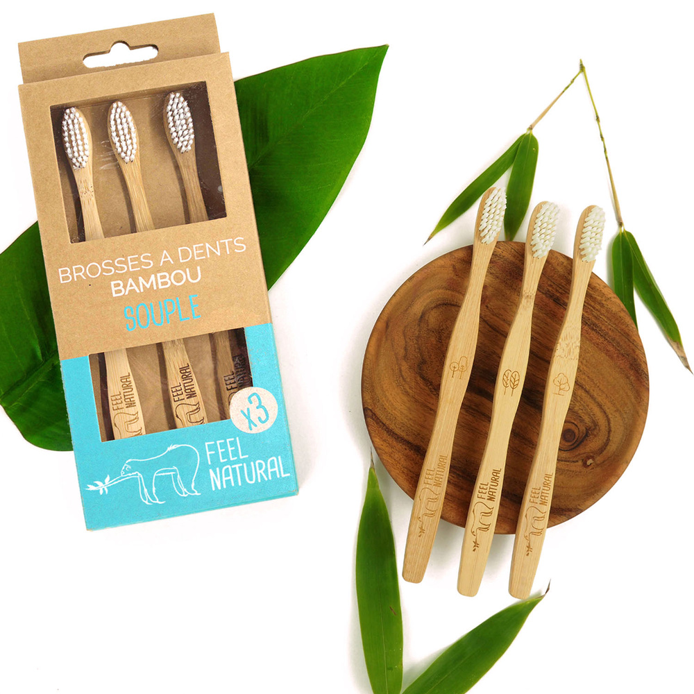 feel natural Lot de 3 Brosses à dents en bambou - Sou ple Brosse à dents